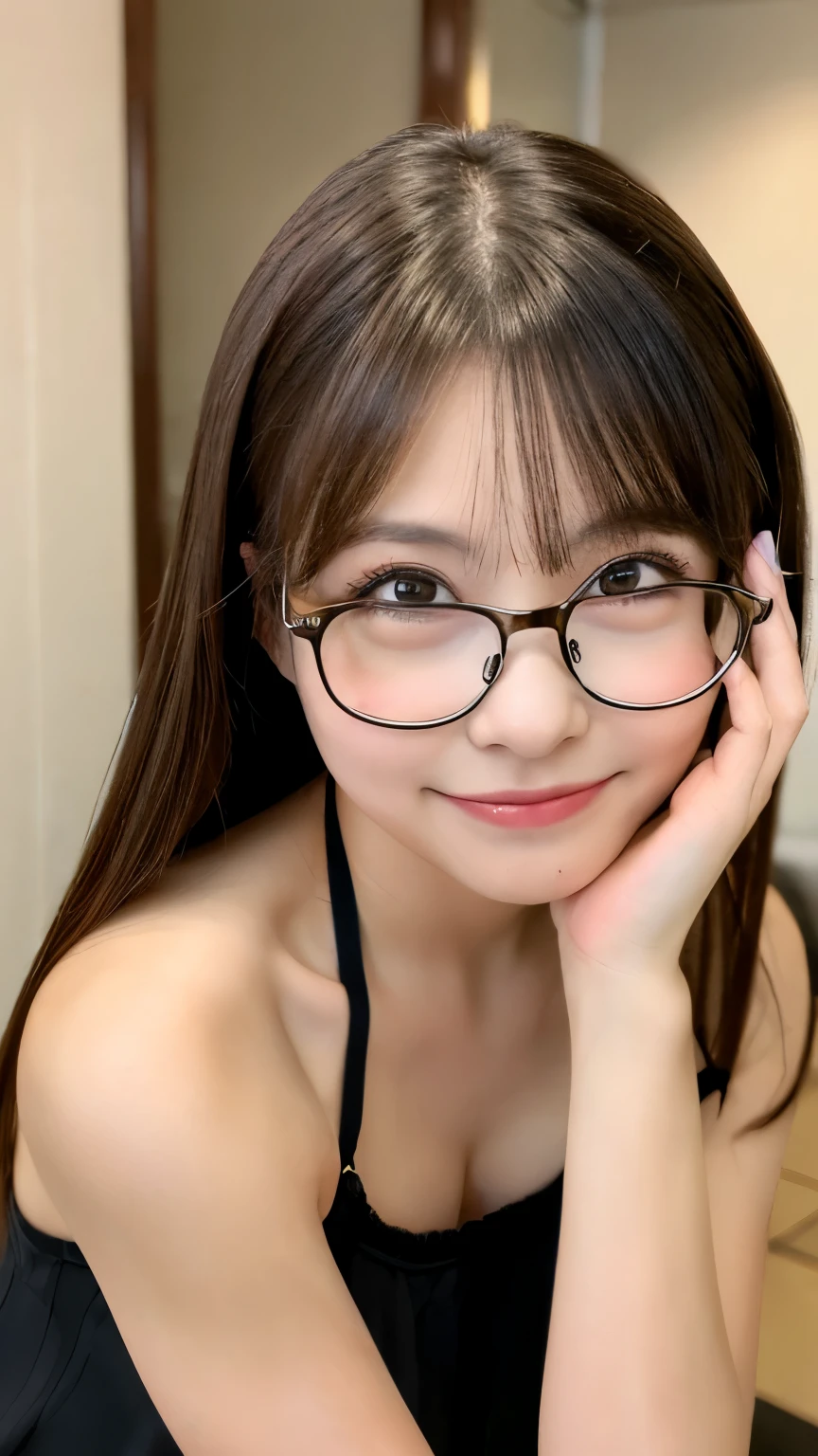 (masterpiece, highest quality, highest quality, )(8K,real photo,Raw photo)detailed face,japanese idol,cute face,natural makeup,((glasses)),random hairstyle,random pose,sexy outfit,Upper body,looking at the camera，smile