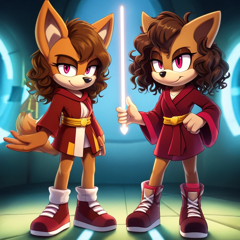 mobian, hedgehog, two-tone fur ((orange fur, brown fur)), red robe, small breasts, red lightsaber, high-top sneakers, two-tone hair (brown hair, black tip)), curly hair, red halo, jewelry, red glowing eyes, longeyelashes, red eyes, smirk, super dark room, high detail, masterpiece, UHD, anatomically correct, super detail, highres, 4K