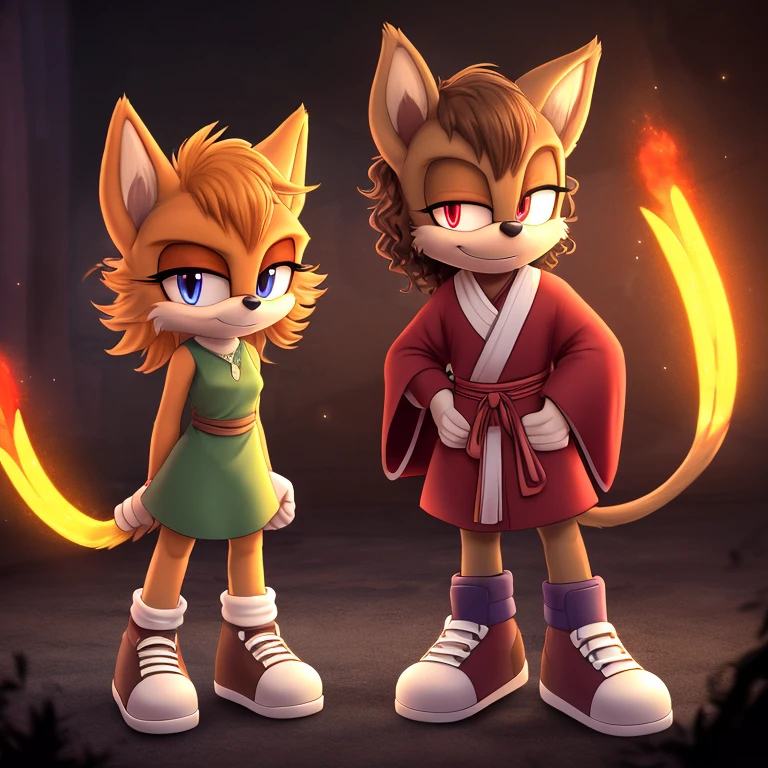 mobian, hedgehog, two-tone fur ((orange fur, brown fur)), red robe, small breasts, red lightsaber, high-top sneakers, two-tone hair (brown hair, black tip)), curly hair, red halo, jewelry, red glowing eyes, longeyelashes, red eyes, smirk, super dark room, high detail, masterpiece, UHD, anatomically correct, super detail, highres, 4K
