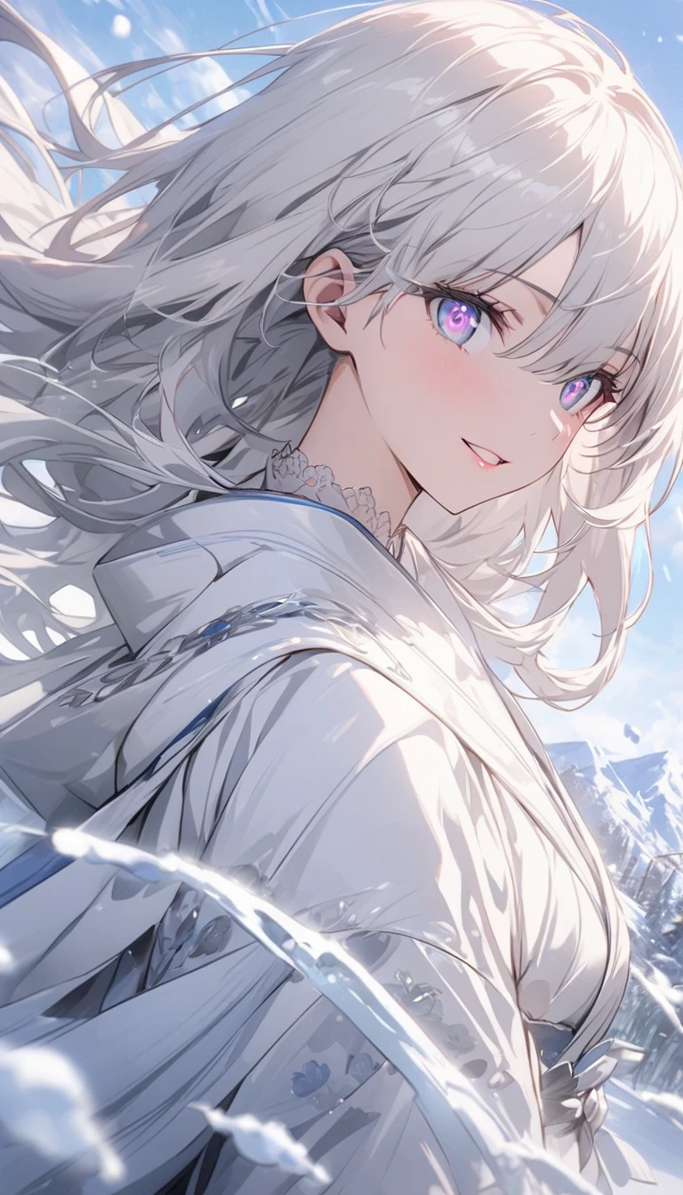 (highest quality、masterpiece、High resolution、detailed), BREAK,(Shining eyes、detailed美しい顔)、beautiful anime, great work, daytime, outdoor, falling flowers, white dress, 1 girl, perfect woman, Silver and white long-haired woman, gray blue eyes, pale pink lips, cold, Severe, bang, purple eyes, white clothes, black clothing line, delicate face, exquisite face, standing bow, tassel, happiness knot, smile、dynamic angle