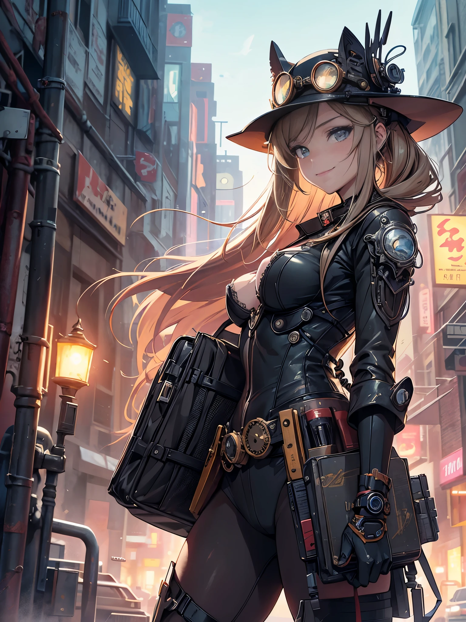 (comic book style),(line drawing_anime),(cowboy shot,Low - Angle, highest quality, ),(Laura Budd Photos:1.2),(Laura Add Details:1.0),8K, flat color:0.8,1 girl,smile,(Highly decorative and complex mechanical steampunk fashion, lace flare dolphin hat、goggles 1.5、machinery background、Gear background、Intricately mechanized steampunk cityscape 1.5),