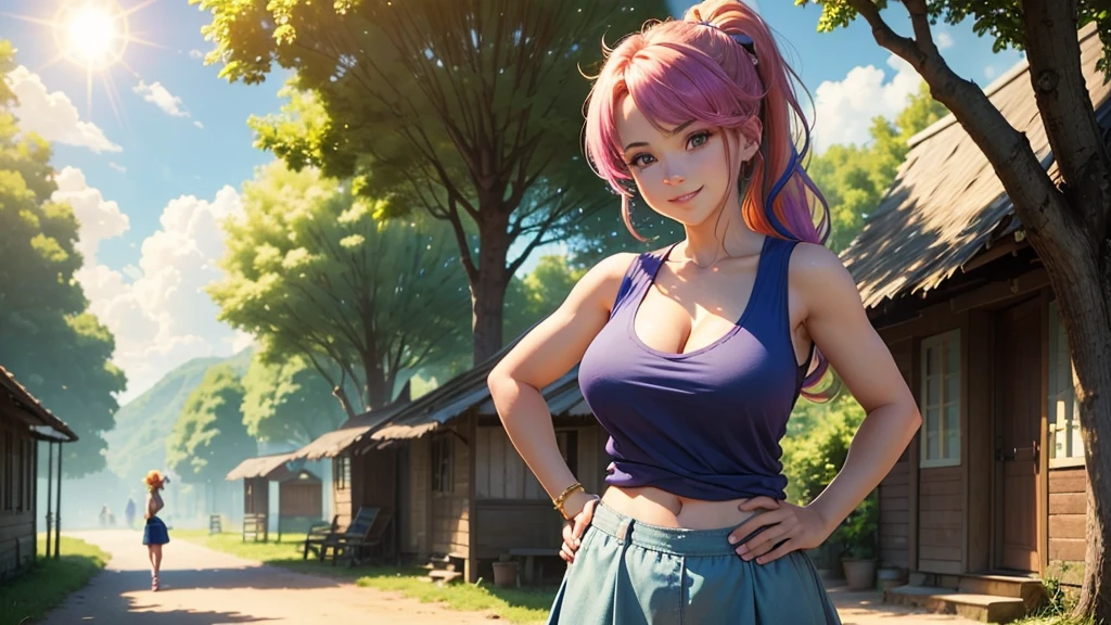1girl, summer, village, trees, sun, clouds, ((colorful hair)), ponytail, large breasts, cleavage, blue eyes, ((sleeveless T-shirt)), mini skirt, brown shoes, grin, standing, hand on hip, hair ribbon, ((golden necklate))