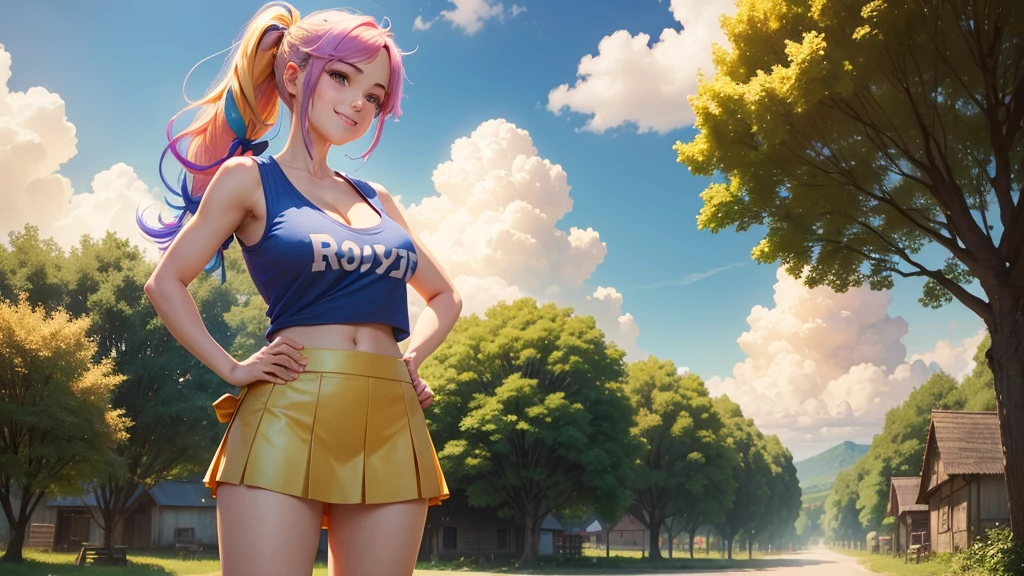 1girl, summer, village, trees, sun, clouds, ((colorful hair)), ponytail, large breasts, cleavage, blue eyes, ((sleeveless T-shirt)), mini skirt, brown shoes, grin, standing, hand on hip, hair ribbon, ((golden necklate))