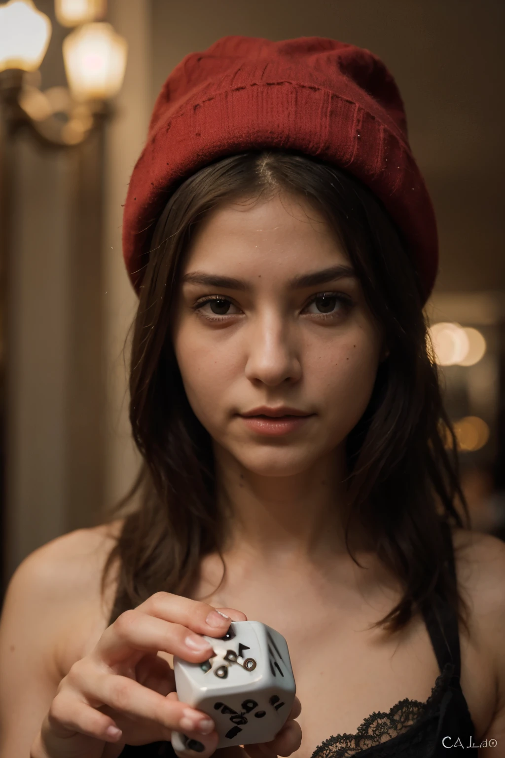 ((Mejor calidad)), ((obra maestra)), (detallado), cara perfecta
Create an image of a girl with a dice head, hat and RNG.