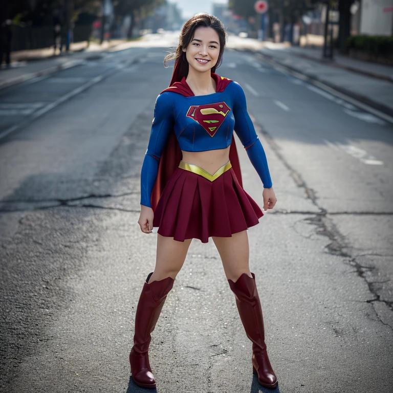 no background、(((Wear black tights on your beautiful legs.torn、Tattered、being destroyed)))、(((stretch your legs、tall、Legally express the beauty of your smile)))、((((Get the most out of your original images)))、(((supergirl costume、torn、Tattered、being destroyed)))、(((beautiful hair)))、(((I'm in pain)))、(((Legs must be worn with black tightust wear red boots、being destroyed)))、((Highest image quality、8K))、((highest quality、8K、masterpiece:1.3))、(((keep background )))、clear focus:1.2、beautiful woman with perfect figure:1.4、Full of scars、bloody、full of blood、slender abs:1.2、wet body:1.5、Highly detailed face and skin texture、8K, Supergirl short and , 155 cm girl