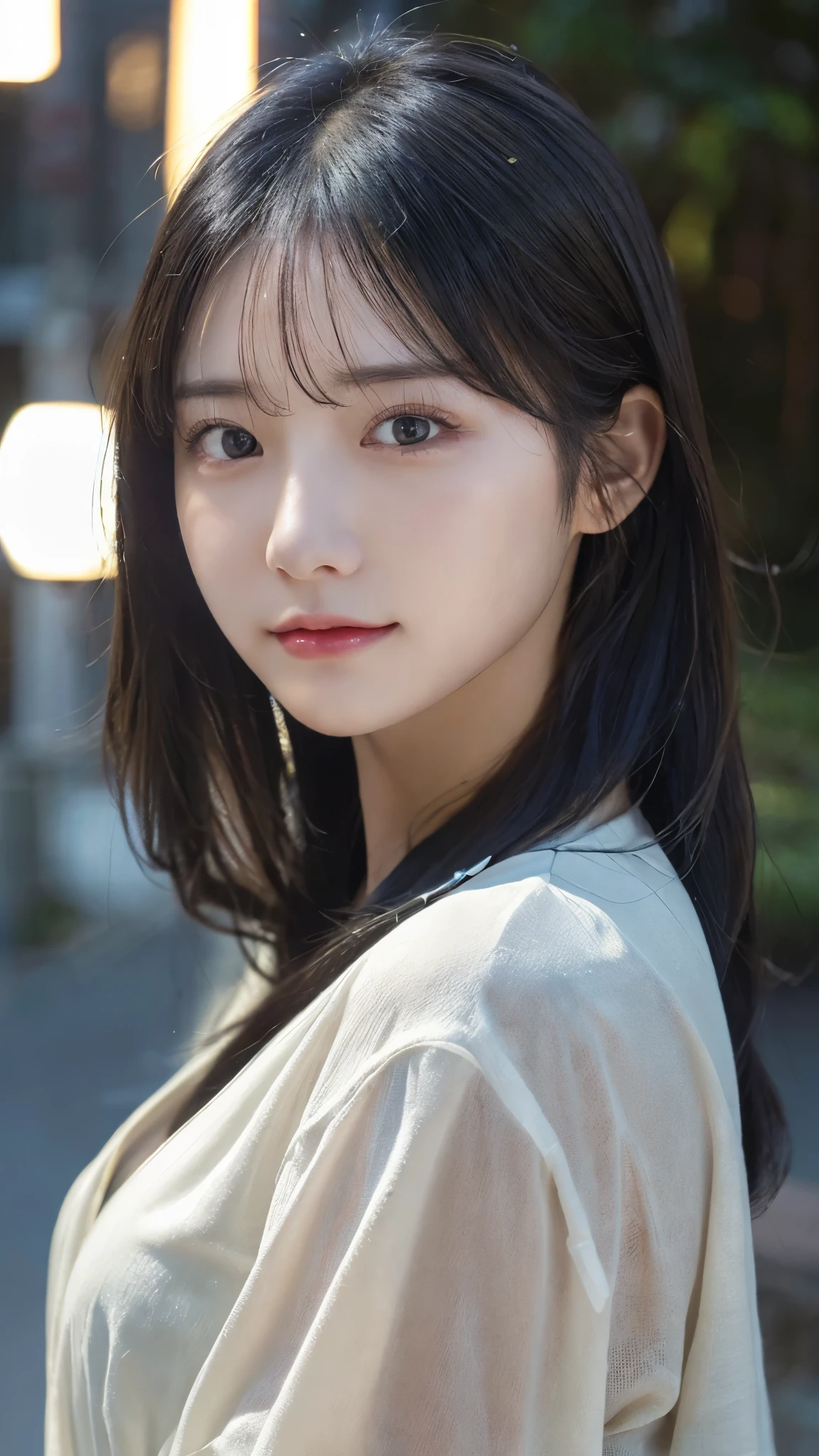 (highest quality,masterpiece:1.3,超A high resolution,),(super detailed,caustics),(Photoreal:1.4,RAW shooting,)ultra-realistic capture,very detailed,High definition 16K for human skin、 Natural skin texture、、Skin looks even-toned and healthy、 Use natural light and color,one woman,Japanese,,cute,black haired,middle hair,(Depth of the bounds written、chromatic aberration、、wide range of lighting、natural shading、)、(outdoor lights at night:1.4)、(hair swaying in the wind:1)