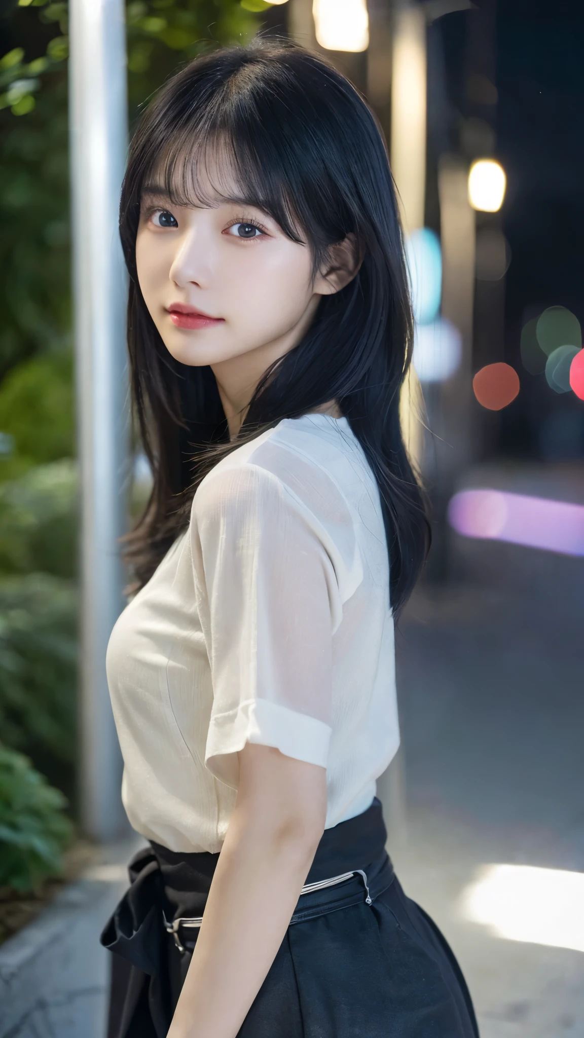 (highest quality,masterpiece:1.3,超A high resolution,),(super detailed,caustics),(Photoreal:1.4,RAW shooting,)ultra-realistic capture,very detailed,High definition 16K for human skin、 Natural skin texture、、Skin looks even-toned and healthy、 Use natural light and color,one woman,Japanese,,cute,black haired,middle hair,(Depth of the bounds written、chromatic aberration、、wide range of lighting、natural shading、)、(outdoor lights at night:1.4)、(hair swaying in the wind:1)