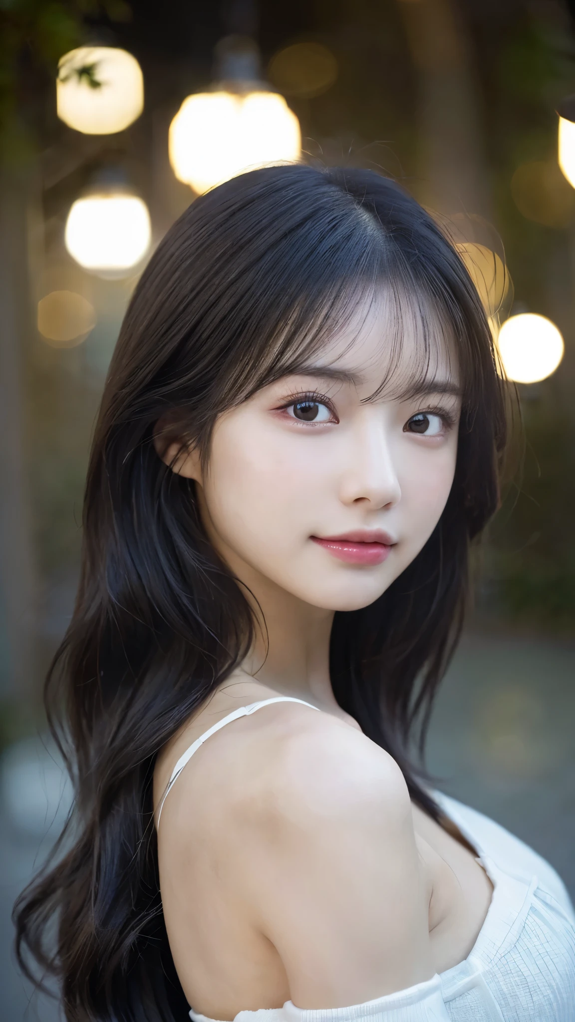 (highest quality,masterpiece:1.3,超A high resolution,),(super detailed,caustics),(Photoreal:1.4,RAW shooting,)ultra-realistic capture,very detailed,High definition 16K for human skin、 Natural skin texture、、Skin looks even-toned and healthy、 Use natural light and color,one woman,Japanese,,cute,black haired,middle hair,(Depth of the bounds written、chromatic aberration、、wide range of lighting、natural shading、)、(outdoor lights at night:1.4)、(hair swaying in the wind:1)