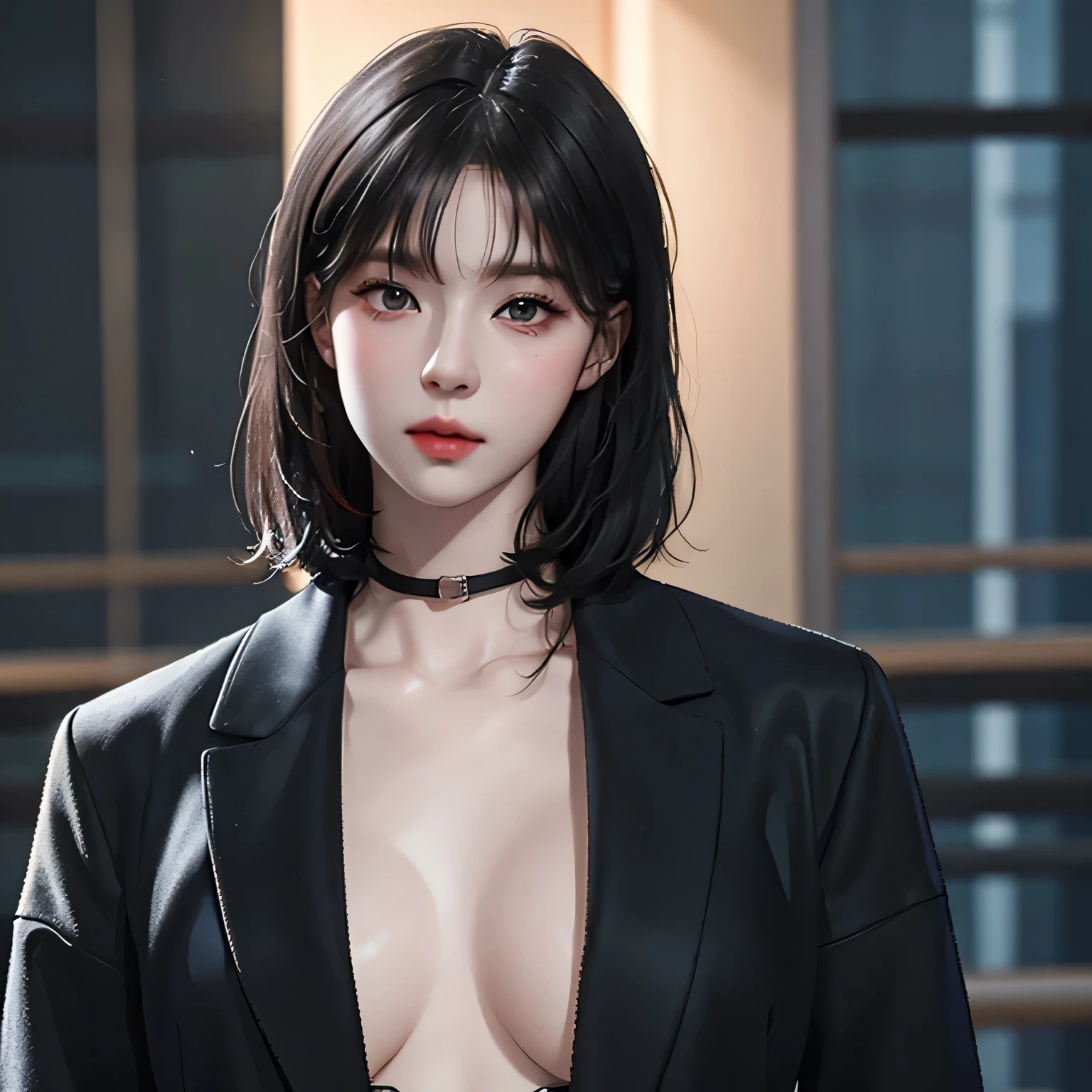 Beautiful girl with realistic black eyes, pale skin, medium length black hair, perfect face, perfect eyes, wearing a coat, very detailed, comprehensive movie, digital painting, 8K, cinematic lighting, highest quality, High resolution, Great job!, Post-processing, perfect result, surreal，(((revealing clothes)))，big breasts，NSFW:1.5