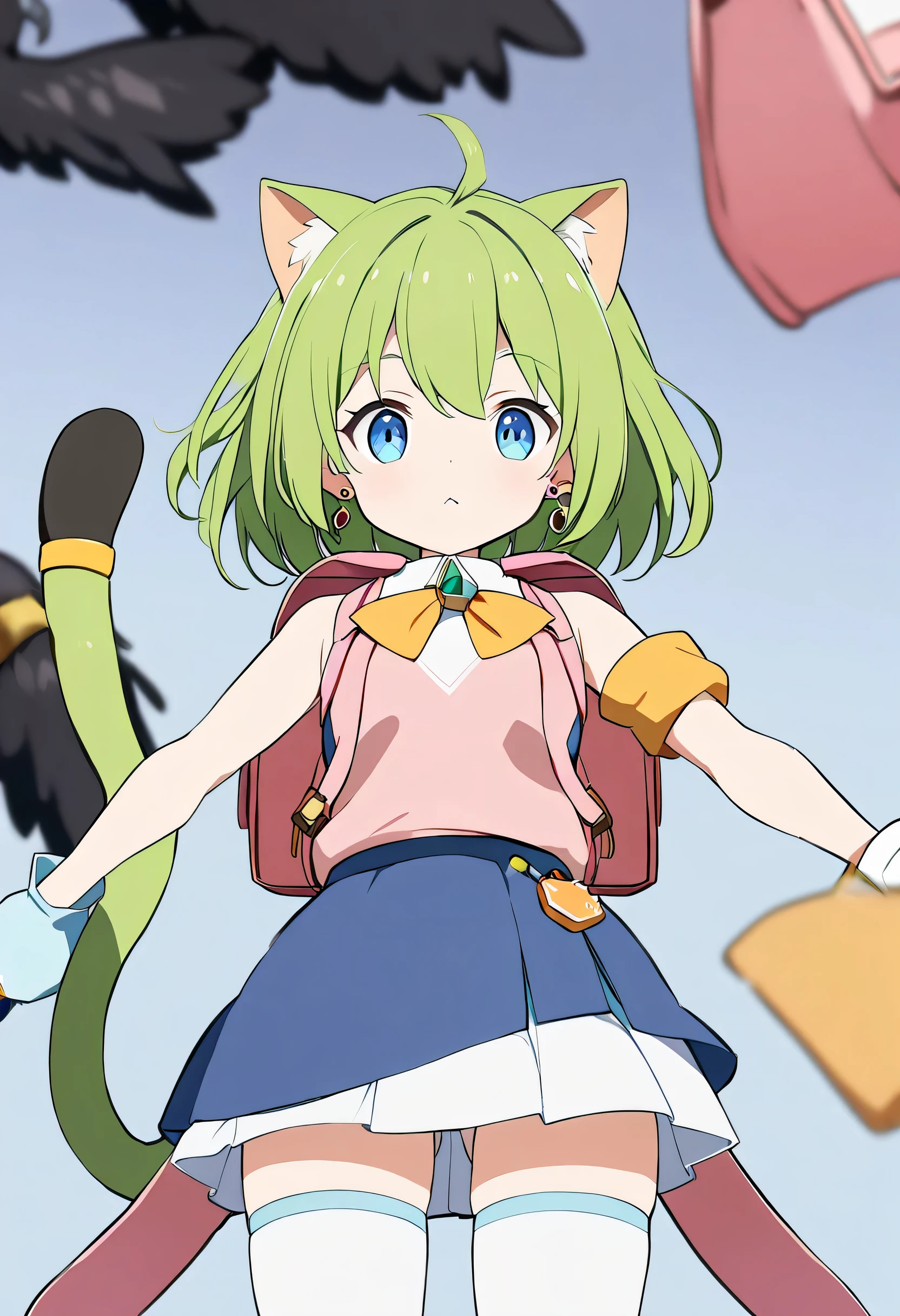 1 girl,Deltamon_beta, alone, blue eyes, Thighhighs, animal ears, bare shoulders, blue tail, earrings,removed sleeve, green hair, No sleeve, Cat ear, bag, white Thighhighs, cat tail,pink backpack,pink school bag,
break ((Crow:1.3))
break Cowboy Shot,((face focus)),spread legs,18-year-old,