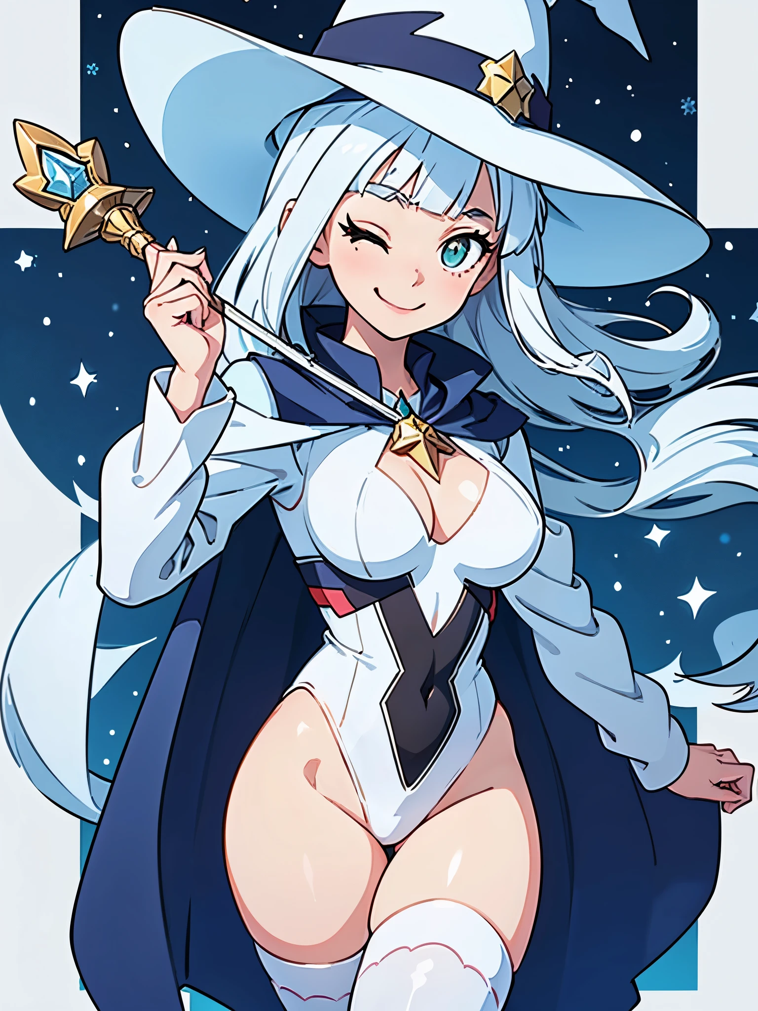 1girl, superhero, holding wand, witch academia, superhero sorceress witch, glamorous angewoman digimon, sky witch, by Aguri Uchida, maya ali as an ice mage, white tuxedo, leotard, solid white leotard with florescent blue accents, bare legs, white thigh-highs, winter boots, (white witch hat, white hair, long hair, bangs), green eyes, beautiful detailed eyes, beautiful detailed face, cute face, slightly large breasts, smile, one eye closed, looking at viewer, playful, flirty, age 16-18, solo, solo focus, wonder, full body portrait, cowboy shot
