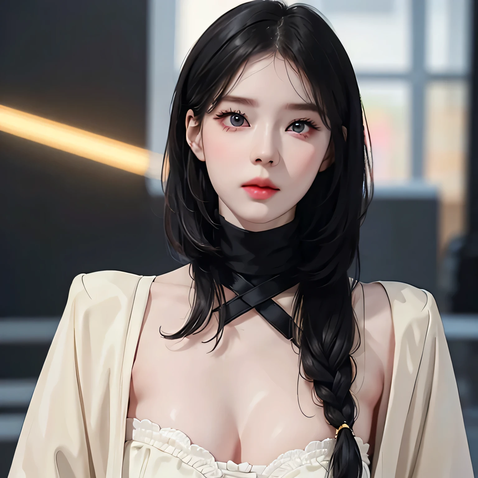 Beautiful girl with realistic black eyes, pale skin, medium length black hair, perfect face, perfect eyes, wearing a coat, very detailed, comprehensive movie, digital painting, 8K, cinematic lighting, highest quality, High resolution, Great job!, Post-processing, perfect result, surreal,(((revealing clothes))),big breasts,NSFW:1.5
