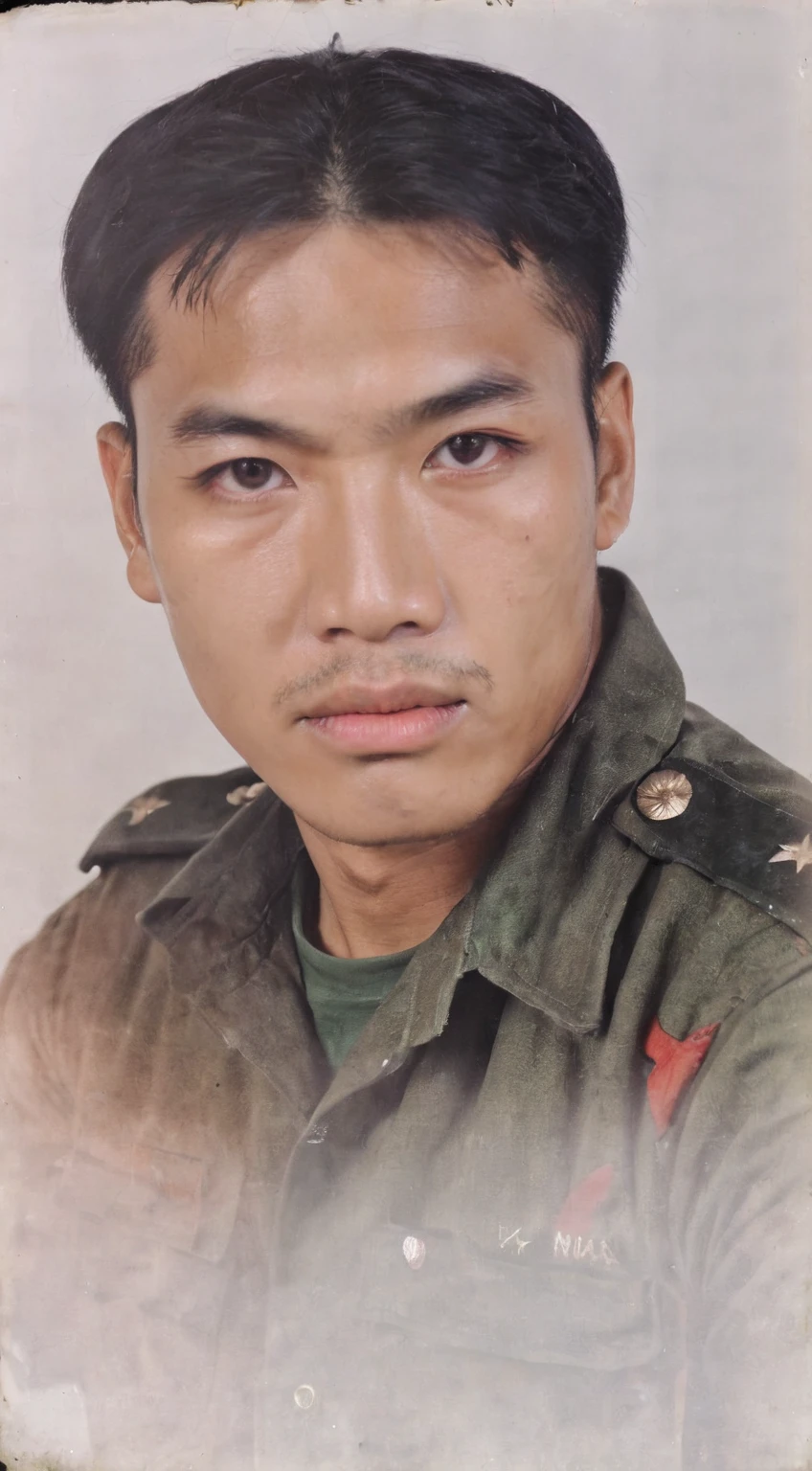 Raw photo,Masterpiece, high quality, best quality, authentic, super detail, pictue color, black hair, Vietnamese men, beautiful men, Vietnamese soldiers, soldiers, blue shirts, green hats, portrait photos in the 1980s, 1980s, black eyes, sharp eyebrows, smooth, pink skin, clear hair, realistic image,