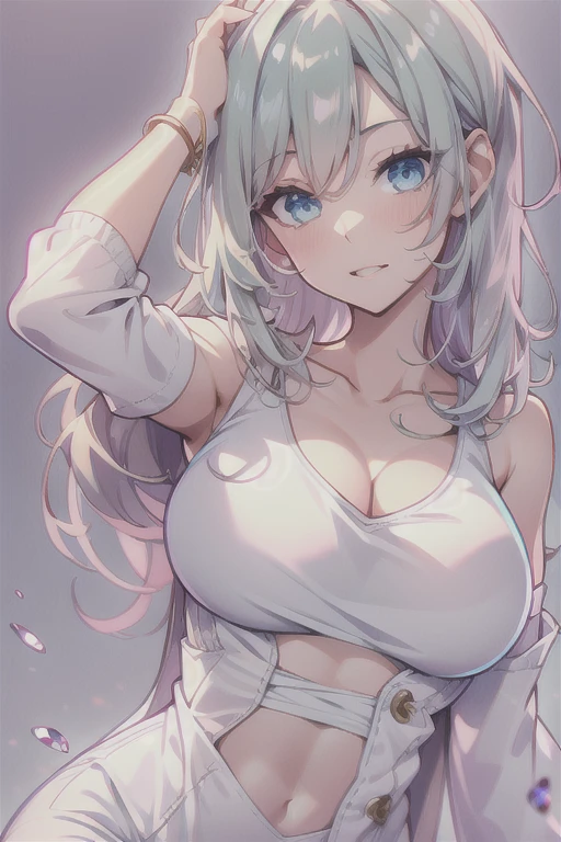 (Low Saturation:1.5),anime,1girl,pov,masterpiece,Awards, high quality,High resolution,HD,4K,8K,high quality,portrait,simple background,closeup upperbody,white clothes,Independently deformed breasts,shruged,viscous paint,(swiping breasts:1.3),oily skin,Slimy Cleavage,(Cleavage Bulge,deformed to flat breasts:1.4),(Medium breasts:1.2),Compressed chest,camisole,Crop tops,(Enhance breasts pose:1.3),sriped strap,perspective,perfect skin,smile,