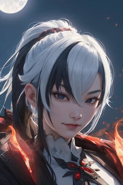 asian samurai girl, with bright blue eyes, ponytail hairstyle, dark hair, evil grin,blood splashes on the face, masterpiece, Best quality, cinematic, volumetric lighting, very detailed, A high resolution, spicy, spicy image, 4K, 8 k, 35 mm, night time , dim lights, moon