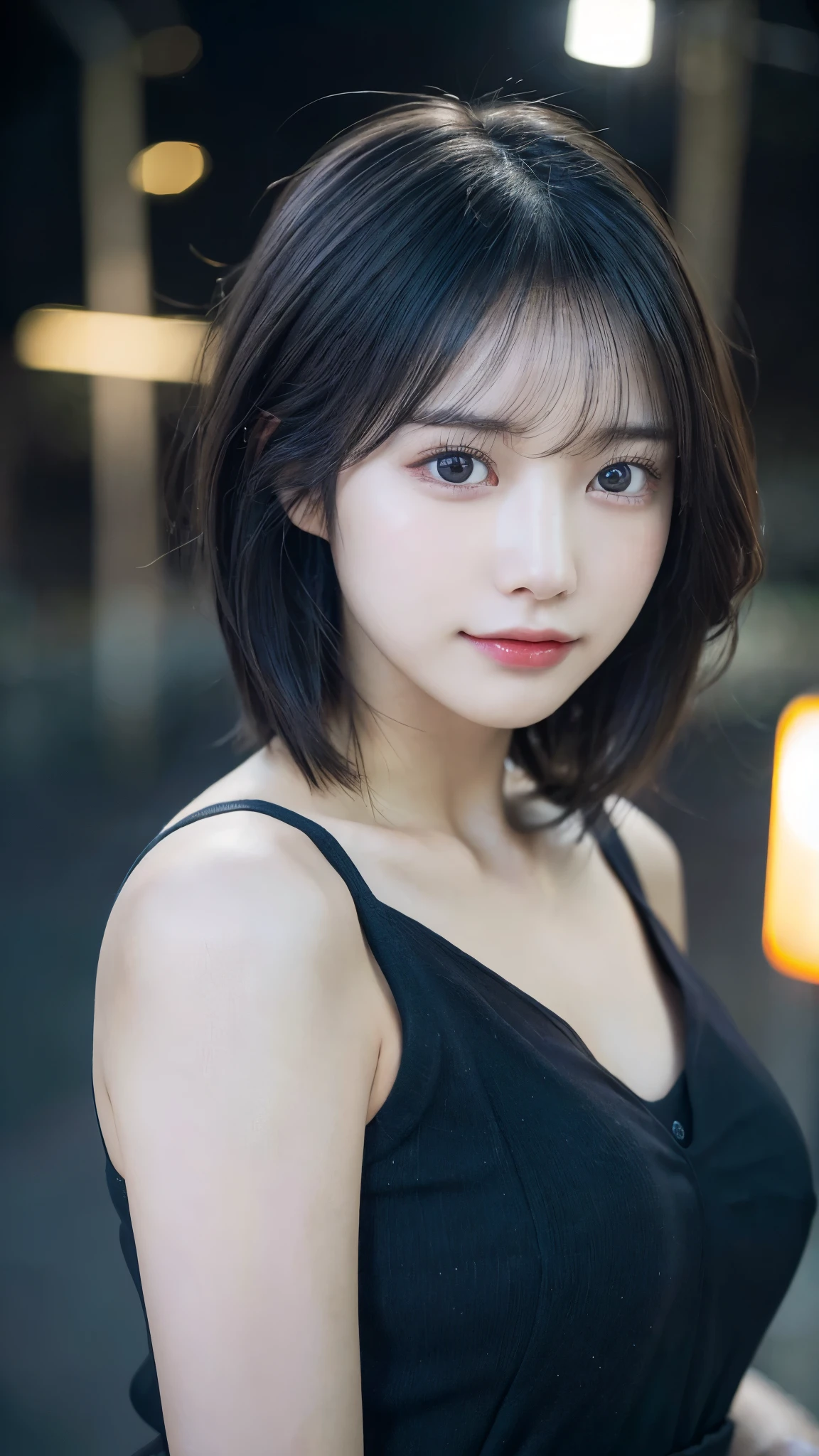 (highest quality,masterpiece:1.3,超A high resolution,),(super detailed,caustics),(Photoreal:1.4,RAW shooting,)ultra-realistic capture,very detailed,High definition 16K for human skin、 Natural skin texture、、Skin looks even-toned and healthy、 Use natural light and color,one woman,Japanese,,cute,black haired,middle hair,(Depth of the bounds written、chromatic aberration、、wide range of lighting、natural shading、)、(outdoor lights at night:1.4)、(hair swaying in the wind:1)、short hair