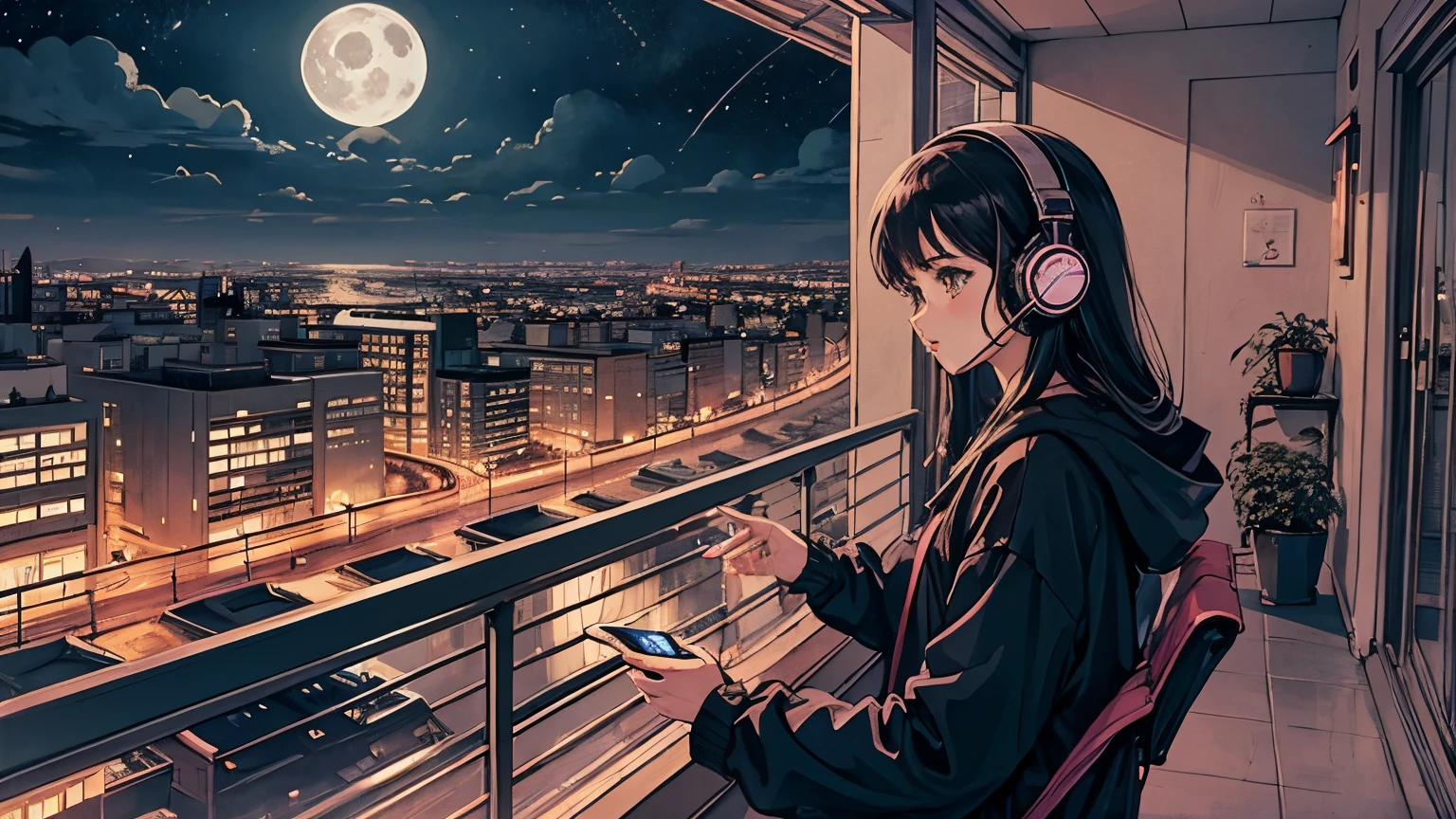 1 girl, 90s anime style, night, Balcony of the apartment、 moon, Girl with headphones, late night ベランダ, listen to music alone, city pop, low quality, Lo-Fi, Chill, late night, Balcony of a single room, dark room, futuristic night view outside the window, 