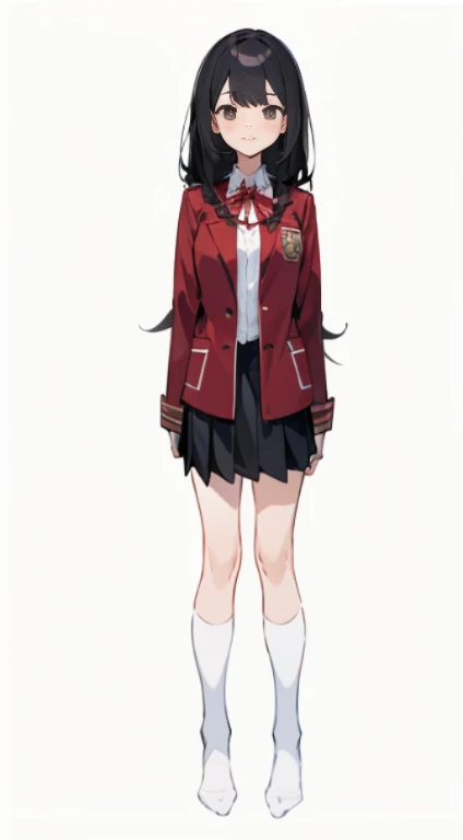 Cartoon of girl wearing red jacket and black skirt, anime full body picture, Single character full body, Wearing school uniform, Magic school student uniform, actual , full body picture, !!full body portrait!!, Whole body and clothing, Wearing school uniform, full body single character, full body portrait of a short!, full body picture片, Big ,In good shape。White knee socks。