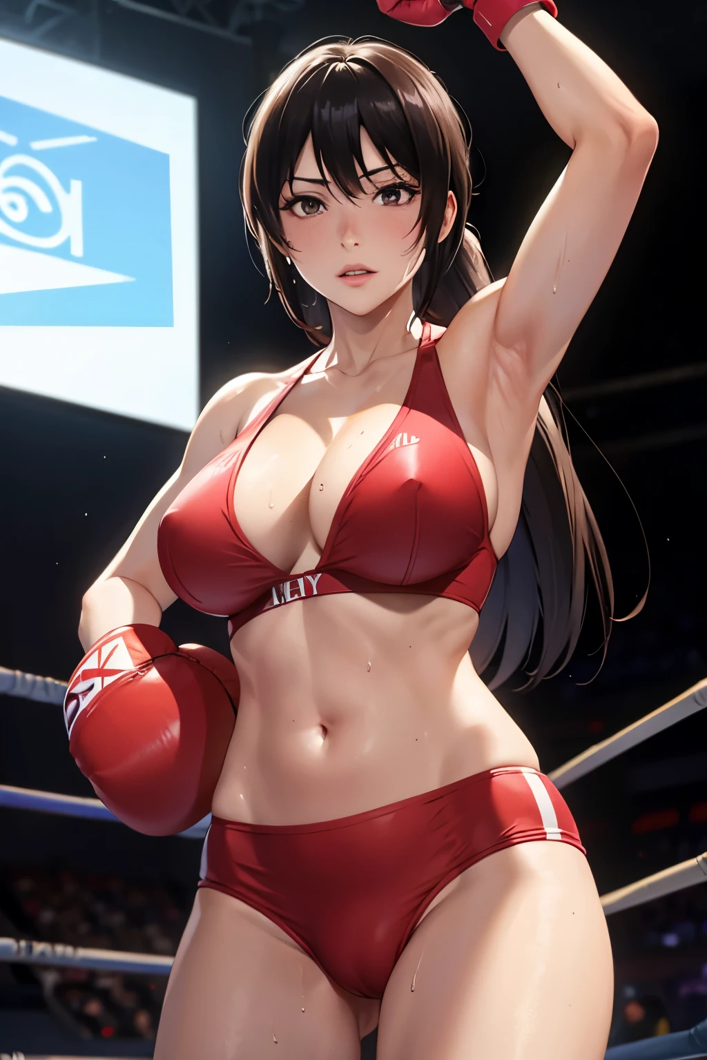 Female boxer straight punch, upper body, dramatic, masterpiece, sweat, high quality, punch with outstretched arm, boxing