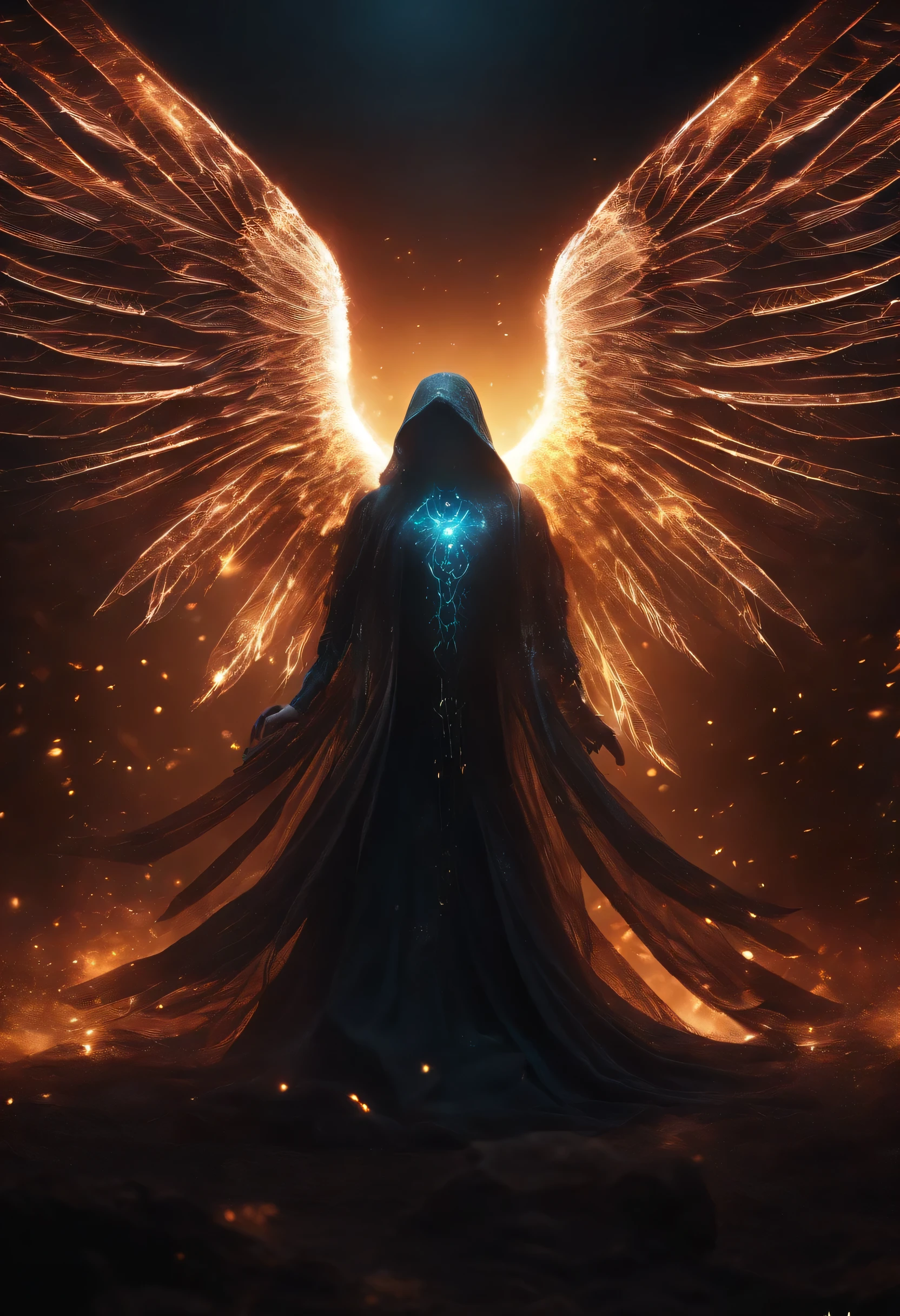 Cosmic Fallen Angel, glowing light eyes, Biomechanical, eerie, Creepy, nightmarish, Very bright colors, Light particles, with light glowing, Mshiff, wallpaper art, UHD wallpaper