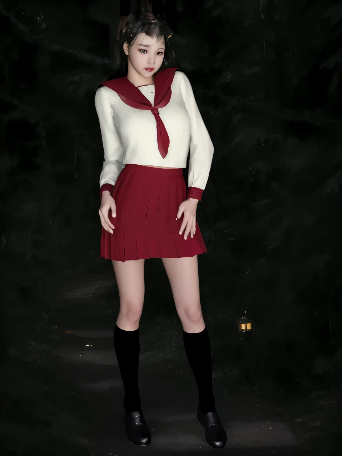(dark photo、unity、8k wallpaper)、(very delicate and beautiful)、(masterpiece)、(highest quality:1.2)、(超A high resolution:1.3)、(beautiful realistic asian),beautiful lighting、perfect lightning、realistic shadow、fine skin、Super detailed、detailed face and eyes、realistic eyes、sharp pupils、Huge , inside the classroom、School、sunset、beautiful face、blurred background、(japanese woman)、shiny skin、side up、美しいblack hair、dull bangs、Japan High School Sailor Uniform、pleated mini skirt、gentle smile, ((table top, highest quality)), (shiny skin), cinematic lighting, Physically based rendering, award-winning, highly detailed skin, highly detailed face, Beautiful eyes in every detail, Carl Zeiss 85mm F/1.4, (Standing position), (cumin , on the chest and thighs), she'She's a very cute 16 year old , (black hair, straight long hair, open your eyes, blush), big cleavage, (sailor blouse, Pull up the pleated skirt yourself:1.3), watching from a distance, (navy knee socks, thigh focus),art by、