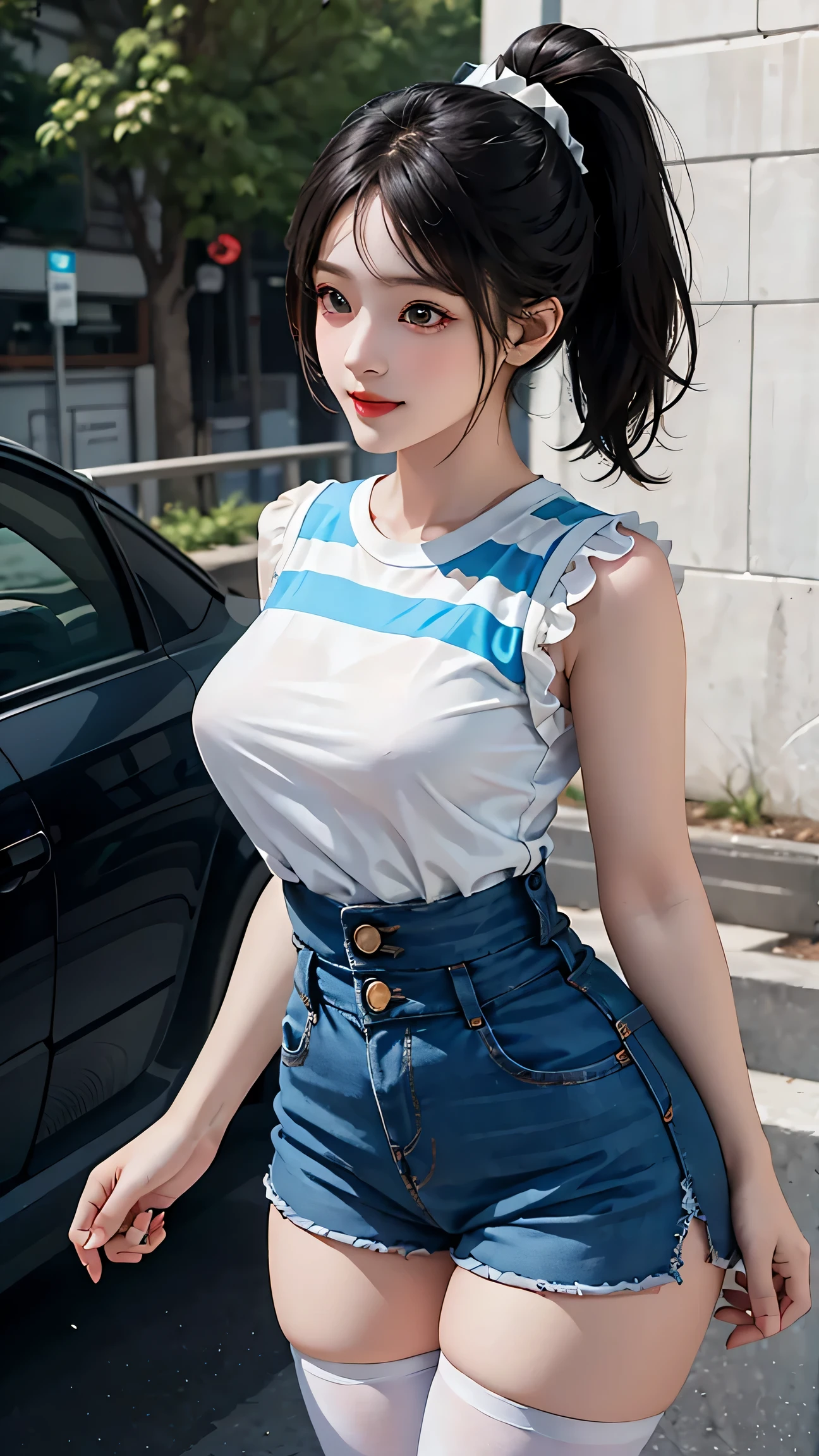 street, single ponytail, side ponytail, high ponytail, Tall figures, long legs, (Sleeveless Lace Shirt), (shorts), (striped stockings)), ((striped stockings)), walk, elegant, dignified, feminine, Curvaceous, cute smile, Strong sense of detail and layering, A wide range of gorgeous colors, Has a unique texture, rich colors, 16k, Super detailed, {{figure}}, {very sophisticated and beautiful}, {Exquisite finish}, Super detailed, Delicately shining eyes, {{cinematic light}}, extreme light effects, delicate eye description, masterpiece, highest quality, Highly detailed CG Unity 8K wallpaper, masterpiece, highest quality, (1 girl), perfect female body, (((tight white t-shirt))), beautiful eyes, (delicate face), short black hair, tied hair, (Fair skin), (best writing), (super intricate details), 4K Unity, (Super detailed CG), Beautiful legs exposed, stockings, hot pants, shorts,NSFW:0.8