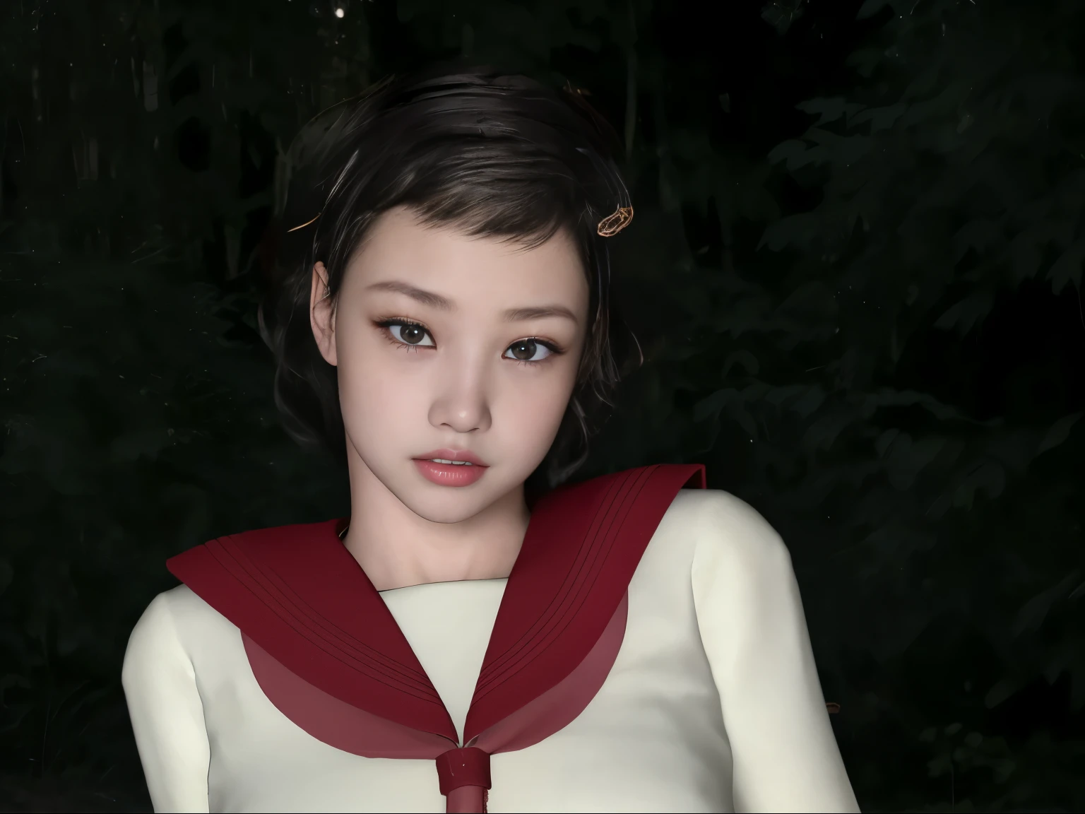 (dark photo、unity、8k wallpaper)、(very delicate and beautiful)、(masterpiece)、(highest quality:1.2)、(超A high resolution:1.3)、(beautiful realistic asian),beautiful lighting、perfect lightning、realistic shadow、fine skin、Super detailed、detailed face and eyes、realistic eyes、sharp pupils、Huge , inside the classroom、School、sunset、beautiful face、blurred background、(japanese woman)、shiny skin、side up、美しいblack hair、dull bangs、Japan High School Sailor Uniform、pleated mini skirt、gentle smile, ((table top, highest quality)), (shiny skin), cinematic lighting, Physically based rendering, award-winning, highly detailed skin, highly detailed face, Beautiful eyes in every detail, Carl Zeiss 85mm F/1.4, (Standing position), (cumin , on the chest and thighs), she'She's a very cute 16 year old , (black hair, straight long hair, open your eyes, blush), big cleavage, (sailor blouse, Pull up the pleated skirt yourself:1.3), watching from a distance, (navy knee socks, thigh focus),art by、