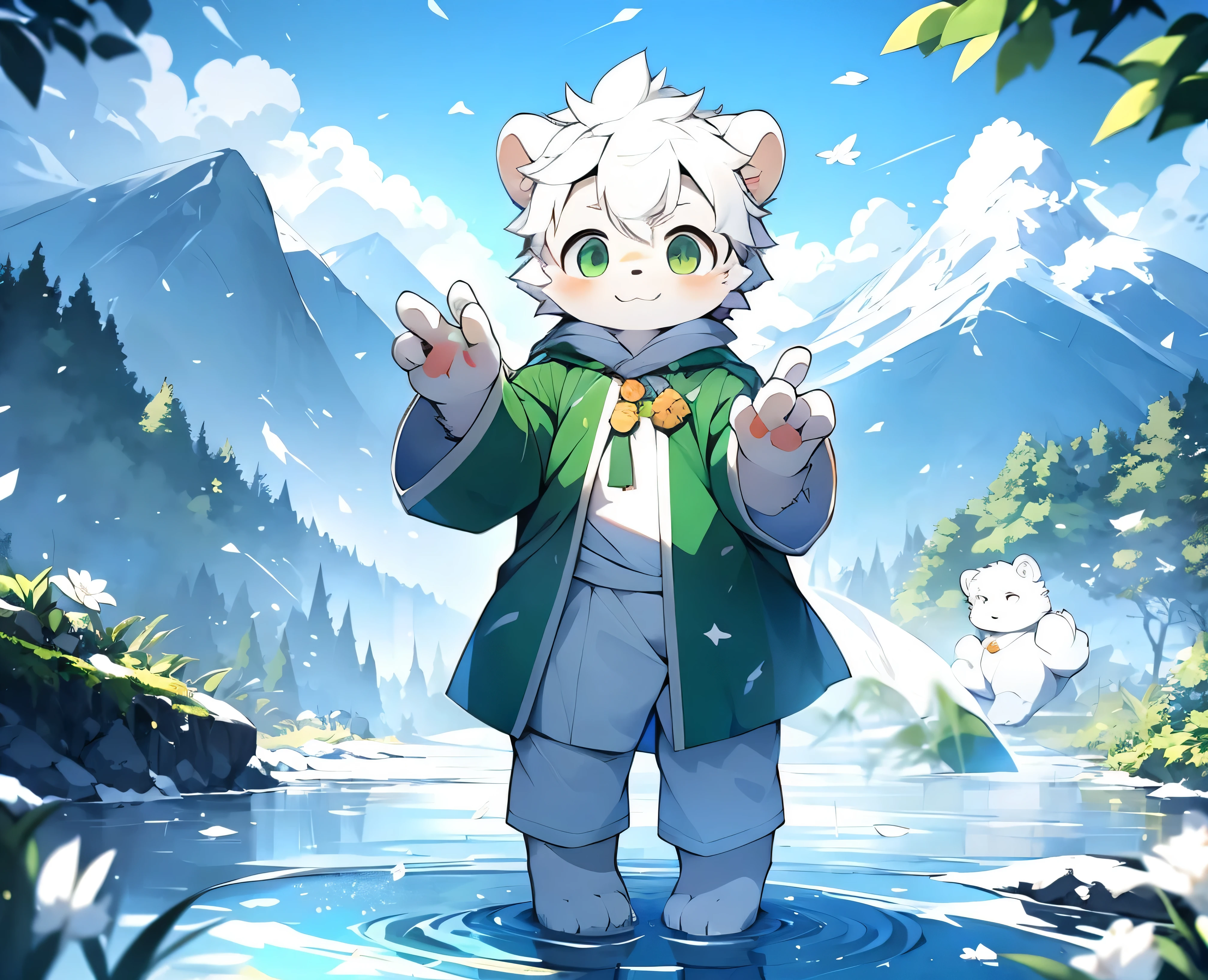 A white bear,Bear ears,Rio Mountains,white robe,green eyes,blue sky,White petals of snow,Melting ice and snow,Shota,Lovely,White Pear Tree,Shota,Lovely,green clothing,white ears,furry ears,Petals fall all over the ground,Petals floating in the air,flowing river,peach,looking towards the viewer