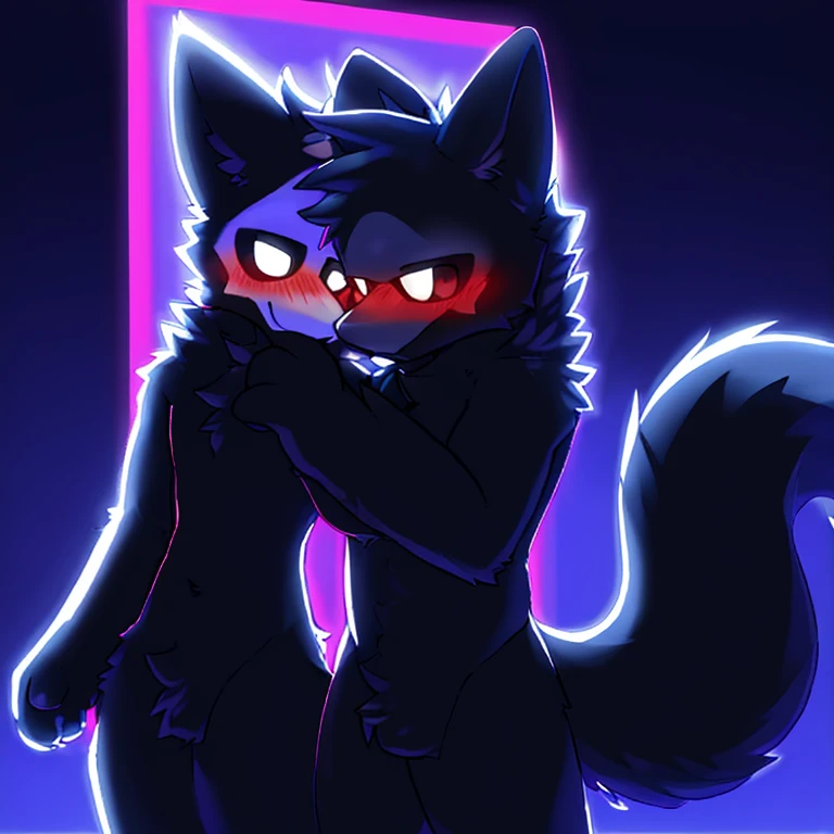 (furry art, uploaded on e621:1.4), (high quality:1.4), (detailed), (detailed face), (furry), (fur), (tail), cute, puro, puro_(changed), blushing, whole body, standing, furry legs, thin body, little mascular, neon background, blue light to face, shadows