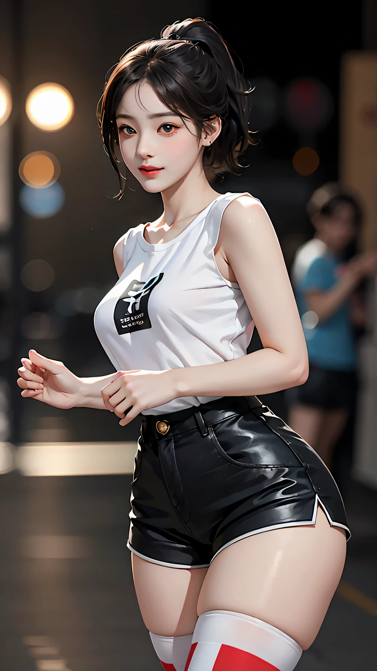 (masterpiece:1.2), (best quality,:1.2), 1girl, medium breasts, black hair, short hair, white baseball hat, red lips, white cropped top shirt, showing navel, (black mini skirt), looking at viewer,
walking on the street, <lora:fashigirl-v5.5-lora-naivae-64dim:0.15>, fashi-girl, makeup, mature female
<lora:highleg_panties_v0.1:1>, highleg panties, black thong,