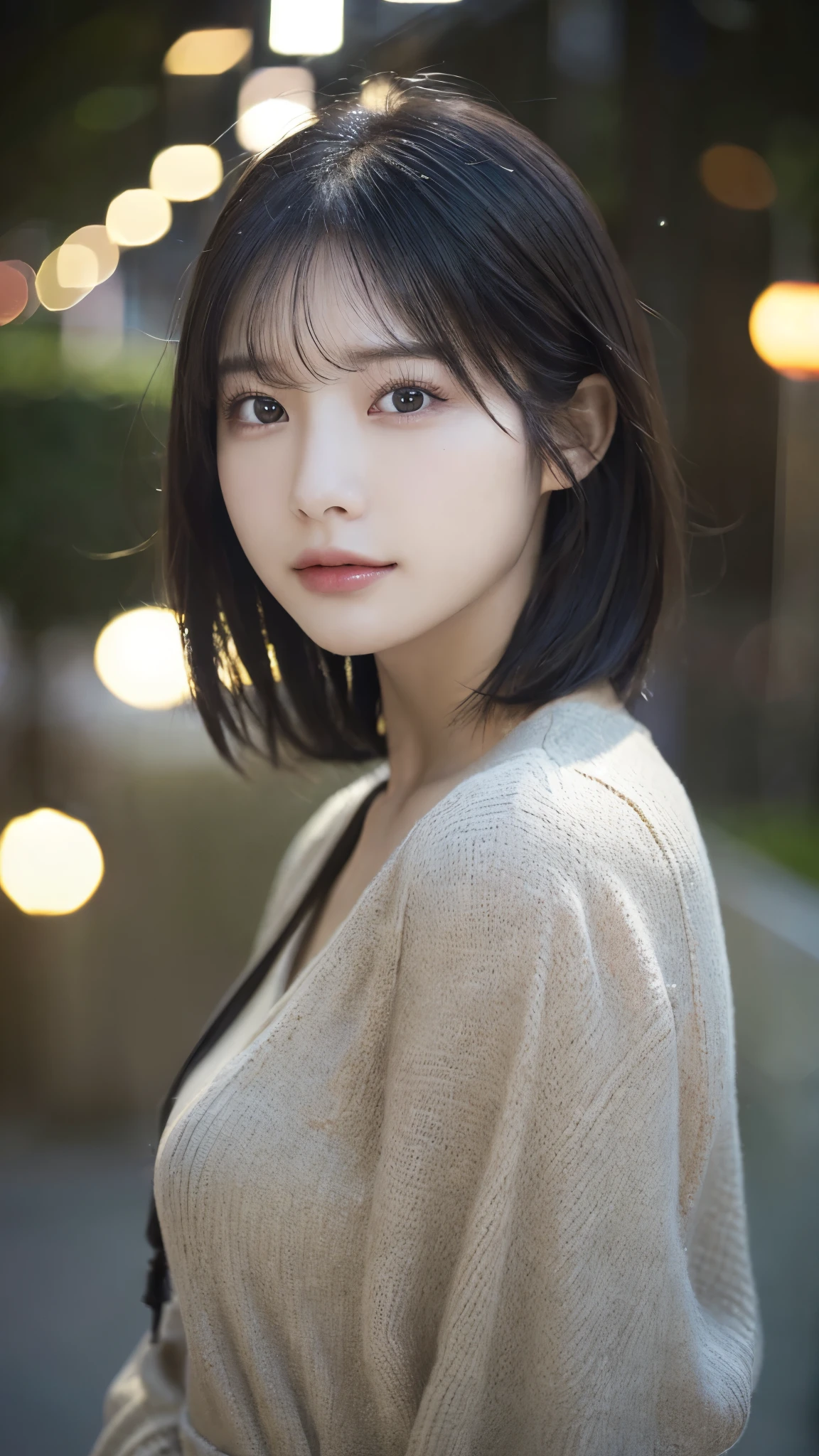 (highest quality,masterpiece:1.3,超A high resolution,),(super detailed,caustics),(Photoreal:1.4,RAW shooting,)ultra-realistic capture,very detailed,High definition 16K for human skin、 Natural skin texture、、Skin looks even-toned and healthy、 Use natural light and color,one woman,Japanese,,cute,black haired,middle hair,(Depth of the bounds written、chromatic aberration、、wide range of lighting、natural shading、)、(outdoor lights at night:1.4)、(hair swaying in the wind:1)、short hair、outside spring