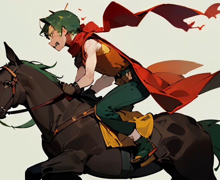 ((high quality)), ((masterpiece)), (((sideview rpg battler sprite))), (((boy))), ((bowl hairstyle)), (((green hair))), ((golden pan on head)), ((furious face expression)), (((cross scar on right cheek))), ((red scarf)), ((yellow cloak)), ((black sleeveless shirt)), (gray shorts), ((holding sword in one hand)), ((riding a horse)), fighting stance, rearing horse, (((blank background))), (((full length)))