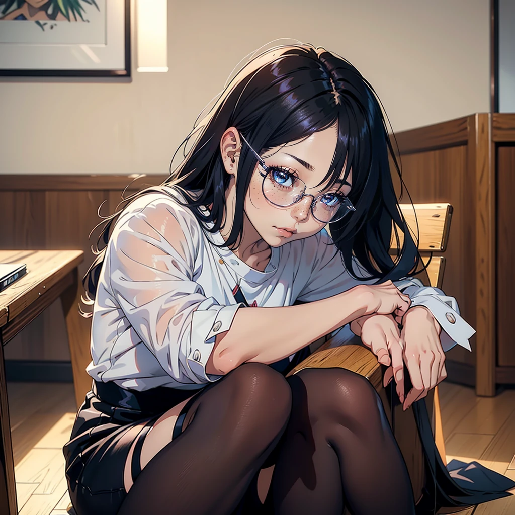 There is a woman sitting cross-legged on the floor., with glasses, with glasses on, japanese model, wore glasses, a surreal , with square glasses, no glasses, Real young gravure idol, Otaku-like appearance, wearing glasses, young sensual gravure idol, surreal , Yoshitomo Nara, Ilya Kubshinov with long hair, Realistic anime 3d style, realistic anime art style, realistic anime art style, Digital art Ilya Kubshinov, beautiful anime portrait, realistic young anime girl, Ilya Kubshinov style, anime realism style, portrait anime girl,shiny silver,Mole under left eye,Cute freckles on the cheeks,((beautiful skin)),((skin texture)),((Real Touch)),