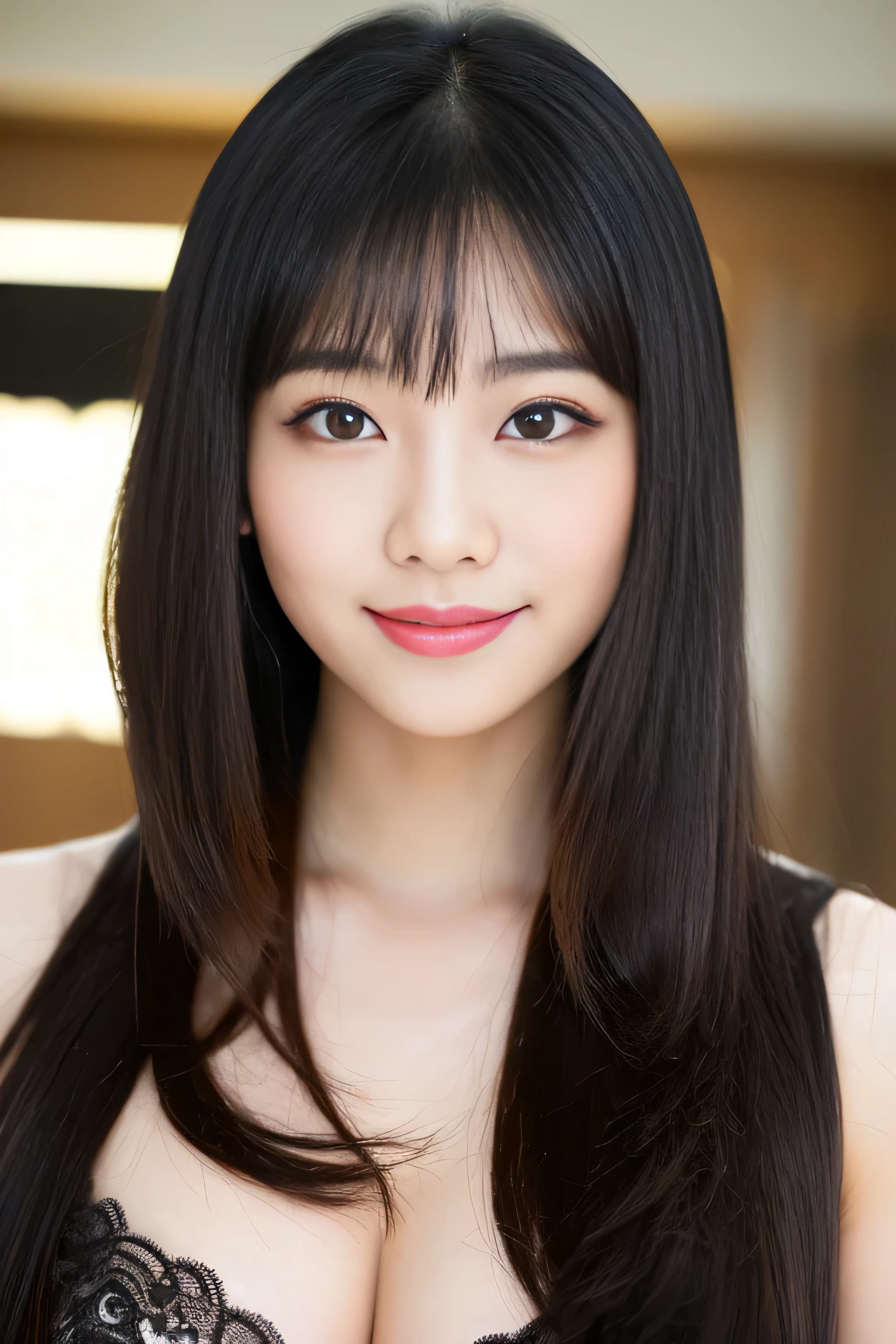 (((Very long black hair 1.3))) Your smile is amazing (Her extremely long black hair is very shiny and glossy.、And it's thick and shiny like silk、The most beautiful and detailed abnormally long black hair in Japan and Very black, beautiful and straight abnormally long hair、She has extremely long, super straight black hair. And she has this really, really long, beautiful black hair.) (The bangs are neatly trimmed and long enough to reach the eyes.) ((highest quality)), ((masterpiece)), (Get used to that) perfect beautiful face (The most beautiful Japanese 18-year-old idols) ((Rich 1.4)) beautifull thatに慣れる face 8K (Ultra-fine skin texture 1.4) (actual, lively:1.4), double eyelid sharp focus:1.2、Beautiful woman:1.4 The whole body is super beautiful々New skin texture ((She's perfect, clear, Common skin tones of Japanese people She is a perfect professional beautiful makeup Lipstick is slightly red)) ((big breasts)) Unique Japanese faces Japan body type that'that'that' She is wearing white lingerie。 (This is a Mediterranean-style house with a beautiful white and blue interior, and she is standing near the window of the house, looking at me and smiling.、Super cute) Her name is Takaki_Korea