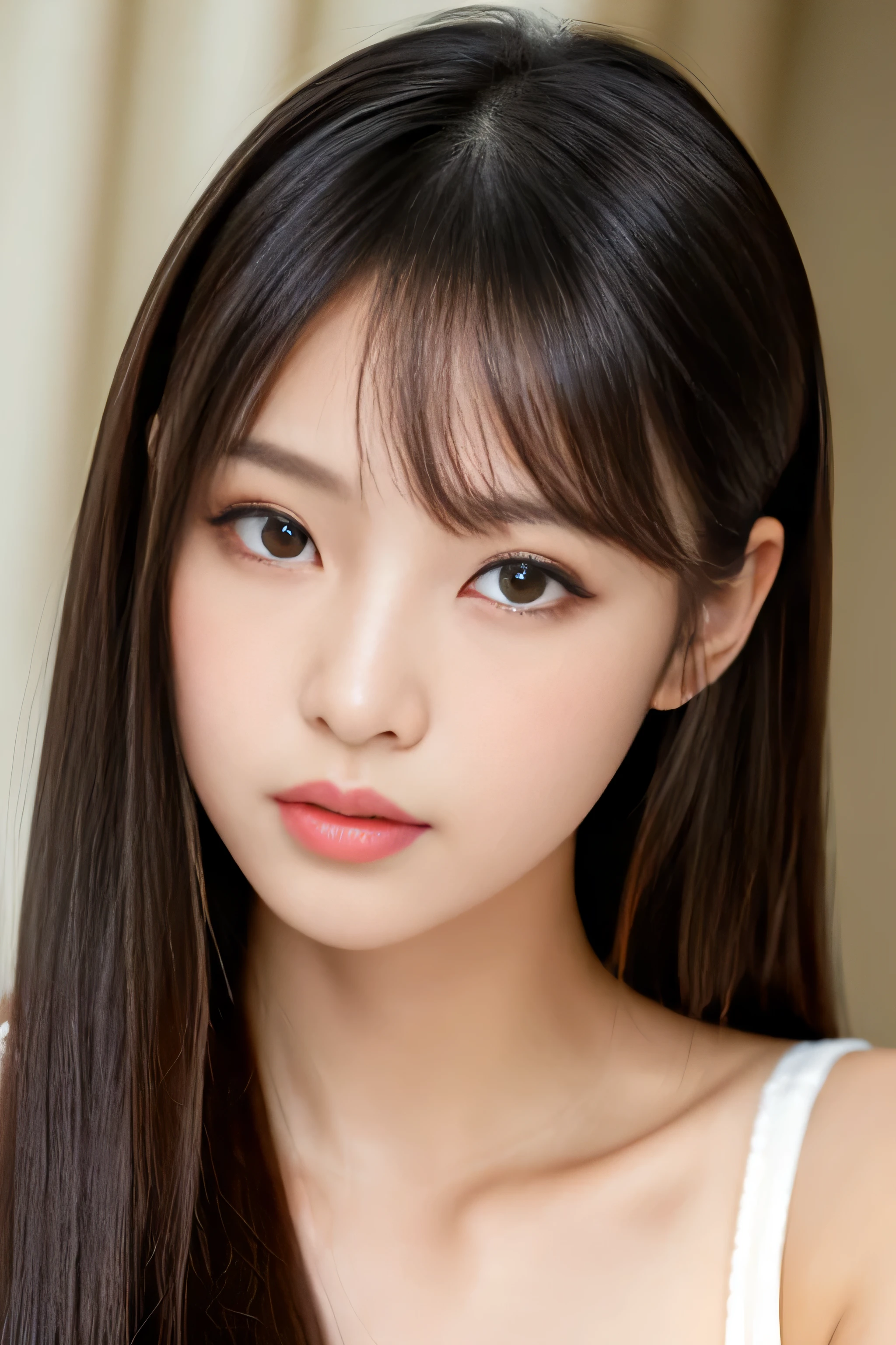 (Her extremely long black hair is very shiny and glossy.、And it's thick and shiny like silk、The most beautiful and detailed abnormally long black hair in Japan and Very black, beautiful and straight abnormally long hair、She has extremely long, super straight black hair. And she has this really, really long, beautiful black hair.) (The bangs are neatly trimmed and long enough to reach the eyes.) ((highest quality)), ((masterpiece)), (Get used to that) perfect beautiful face (The most beautiful Japanese 18-year-old idols) ((Rich 1.4)) beautifull thatに慣れる face 8K (Ultra-fine skin texture 1.4) (actual, lively:1.4), double eyelid sharp focus:1.2、Beautiful woman:1.4 The whole body is super beautiful々New skin texture ((She's perfect, clear, Common skin tones of Japanese people She is a perfect professional beautiful makeup Lipstick is slightly red)) ((big breasts)) Unique Japanese faces Japan body type that'that'that' She is wearing white lingerie。 (This is a Mediterranean-style house with a beautiful white and blue interior, and she is standing near the window of the house, looking at me and smiling.、Super cute) Her name is Takaki_Korea