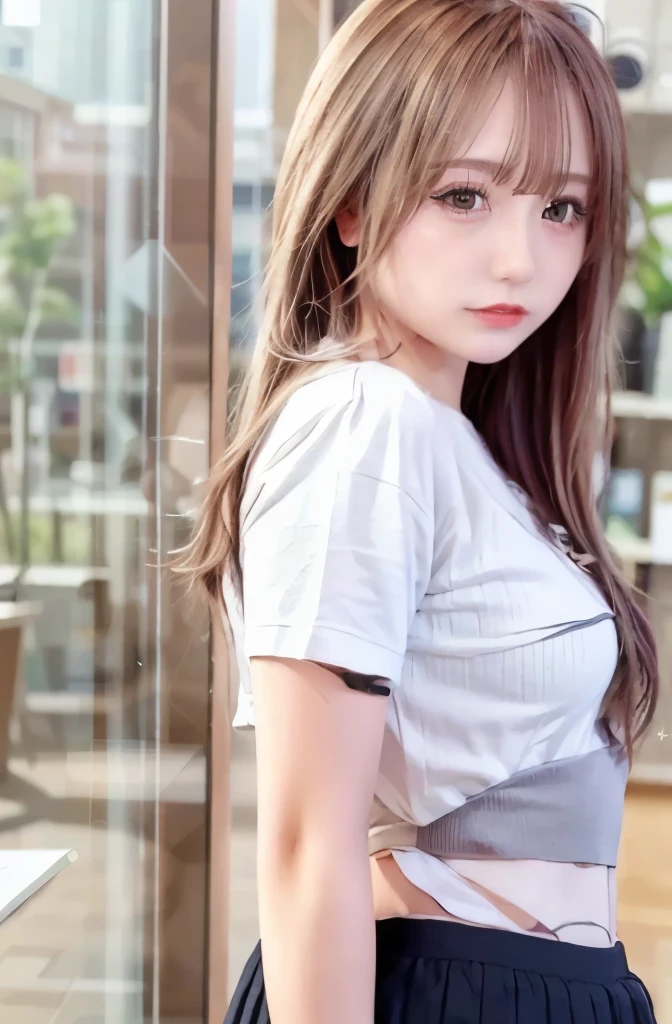 ((panty shot:1.3)),((skirt lift:1.3)),((panty shot:1.3)),((skirt lift:1.3)),((panty shot:1.3)),((skirt lift:1.3)),1 girl, single, alone, Beautiful woman、((I could see the whole body:1.3))、 ((middle wave hair, bangs, brown hair)), ((brown eyes, beautiful eyelashes, realistic eyes)), ((detailed face, blush:1.2)), ((smooth texture:0.75, realistic texture:0.65, realistic:1.1, Anime CG style)), perfect body, (( white shirt)), ((black skirt:1.3)), 1 girl,(highest quality,4k,8K,High resolution,masterpiece:1.2),1 Beautiful woman,18-year-old,35mm lens,f/1,considerable breasts,soft sunlight,bright colors,playful expression