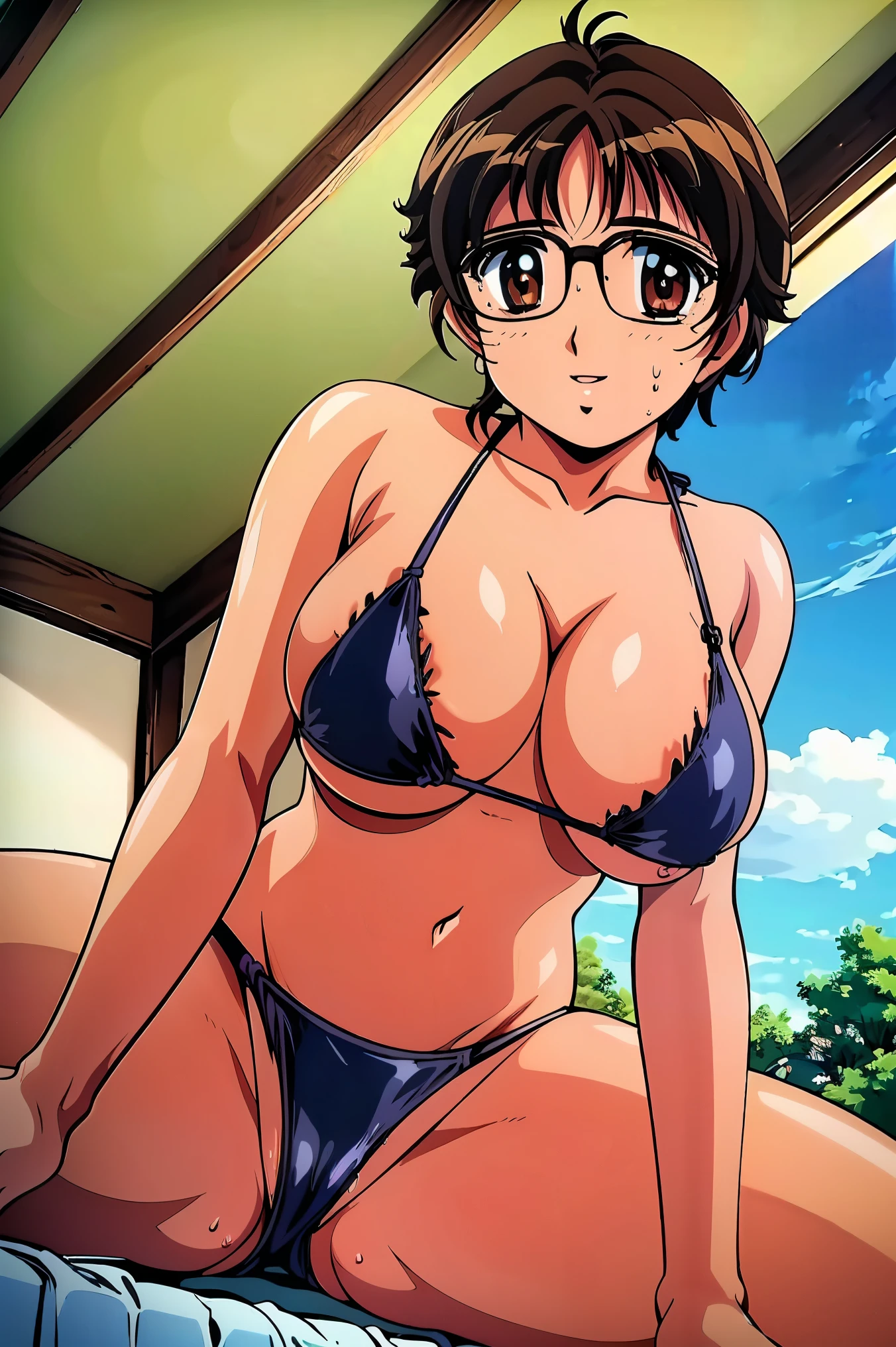 (Breast Focus,from below,girl on top,Straddling:1.7),(Looking at Viewer:1.1),(fuzisaki_mika, brown eyes, short hair, glasses),large breasts,(The bikini:1.5), Pool, Opening Mouth,Happy smile,Sun bath,(Mass sweat:1.2),(sexy:1.4),(erotic:1.5),(breast lift:1)