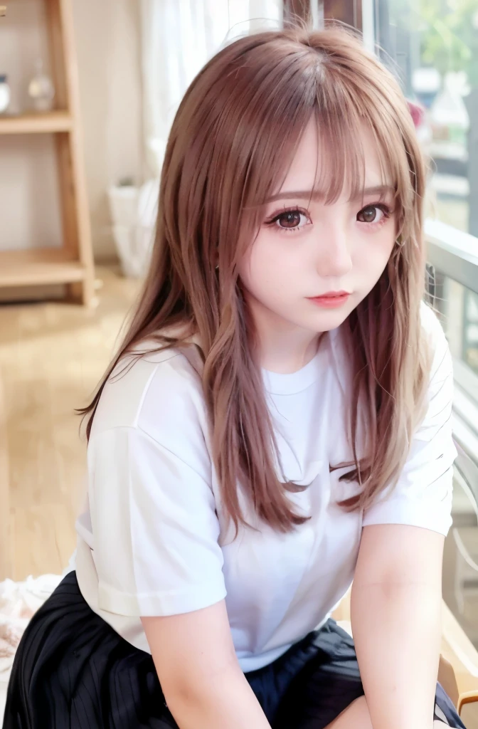 ((table top, highest quality, High resolution, nffsw, perfect pixel, 4k, nffsw, nffsw))), 1 girl, single, alone, Beautiful woman、I could see the whole body、 ((middle wave hair, bangs, brown hair)), ((brown eyes, beautiful eyelashes, realistic eyes)), ((detailed face, blush:1.2)), ((smooth texture:0.75, realistic texture:0.65, realistic:1.1, Anime CG style)), perfect body, (( white shirt, black skirt:1.3)), 1 girl,(highest quality,4k,8K,High resolution,masterpiece:1.2),1 Beautiful woman,18-year-old,35mm lens,f/1,considerable breasts,soft sunlight,bright colors,playful expression