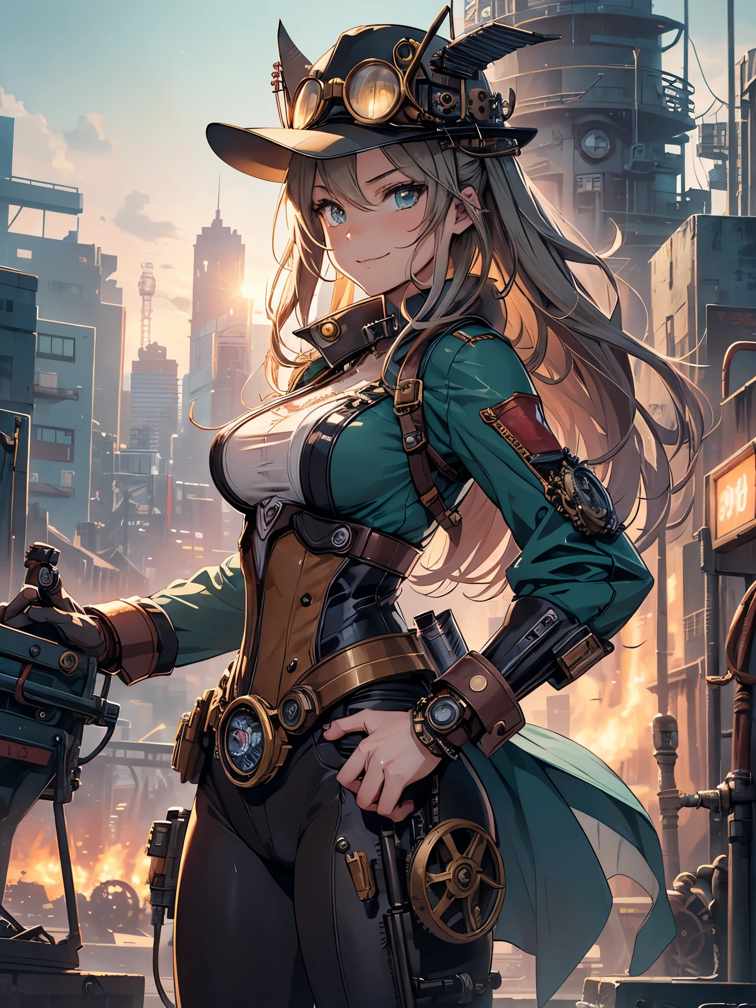 (comic book style),(line drawing_anime),(cowboy shot, highest quality, ),(Laura Budd Photos:1.2),(Laura Add Details:1.0),8K, flat color:0.8,1 girl,smile、(Steampunk bike ride 1.5)、Exquisitely decorated motorcycle、(Highly decorative and complex mechanical steampunk fashion, lace flare dolphin hat、goggles 1.5、machinery background、Gear background、Intricately mechanized steampunk cityscape 1.5),
