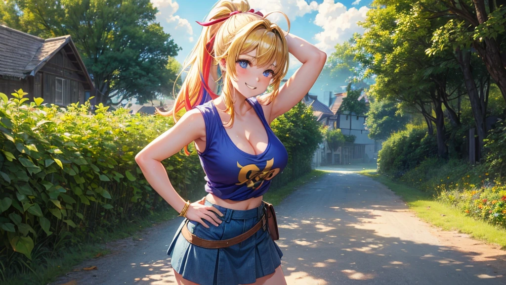 1girl, summer, village, trees, sun, clouds, ((colorful hair)), ponytail, large breasts, cleavage, blue eyes, ((sleeveless T-shirt)), mini skirt, brown shoes, grin, standing, hand on hip, hair ribbon, ((golden necklate))