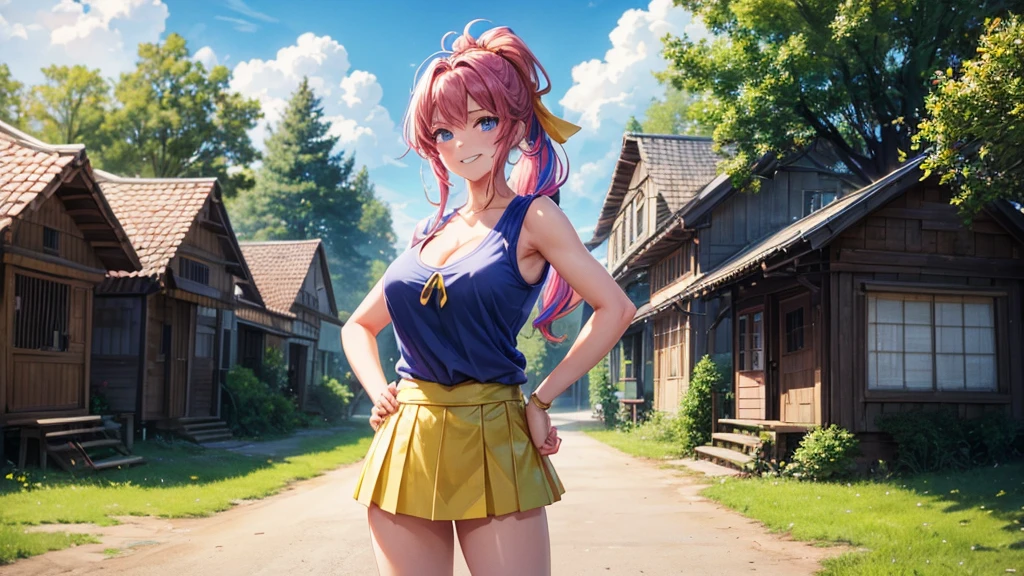 1girl, summer, village, trees, sun, clouds, ((colorful hair)), ponytail, large breasts, cleavage, blue eyes, ((sleeveless T-shirt)), mini skirt, brown shoes, grin, looking at the viewer, standing, red, white and green hair ribbon, ((golden necklate))
