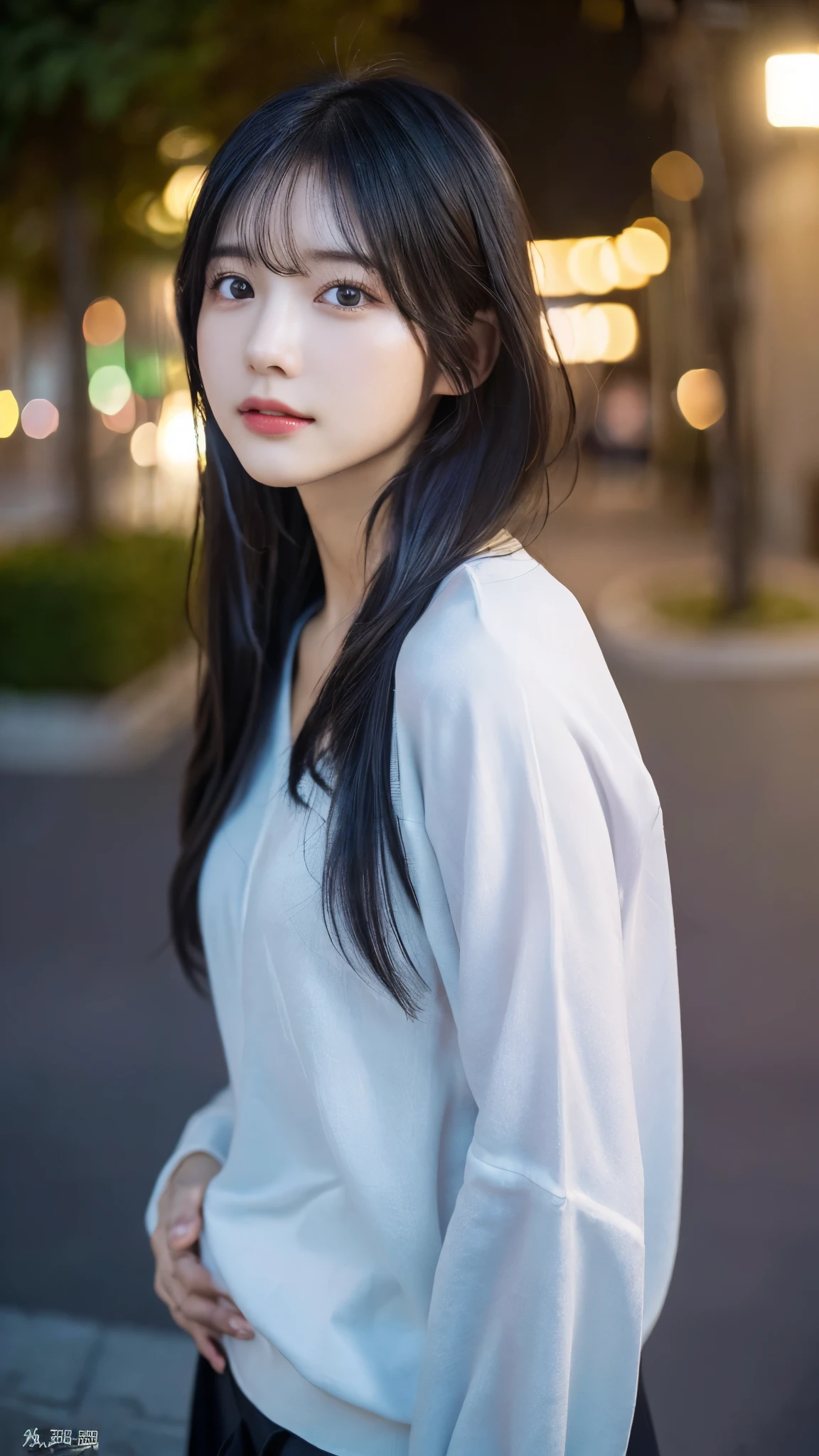 (highest quality,masterpiece:1.3,超A high resolution,),(super detailed,caustics),(Photoreal:1.4,RAW shooting,)ultra-realistic capture,very detailed,High definition 16K for human skin、 Natural skin texture、、Skin looks even-toned and healthy、 Use natural light and color,one woman,Japanese,,cute,black haired,middle hair,(Depth of the bounds written、chromatic aberration、、wide range of lighting、natural shading、)、(outdoor lights at night:1.4)、(hair swaying in the wind:1)、short hair、Outward-flicked ends