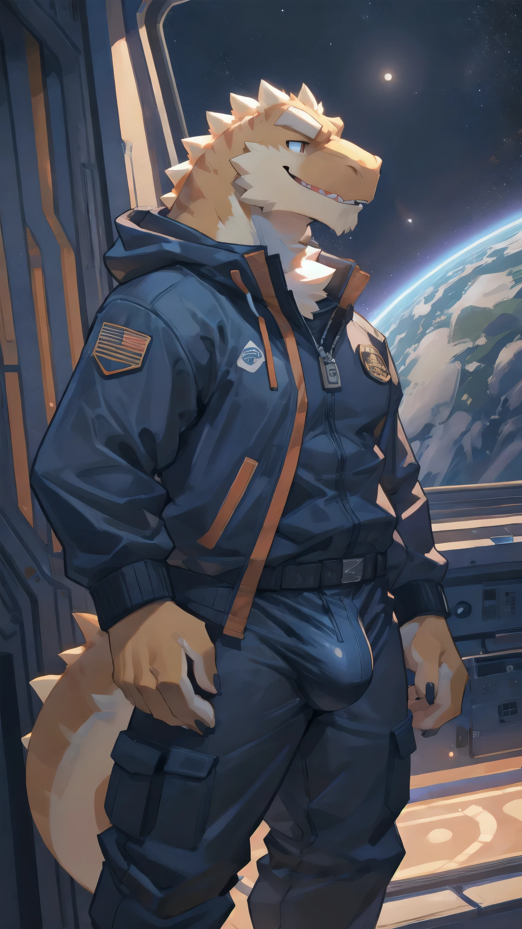Solo, male, standing, by bigcozyorca, by goonie-san, by bebebebebe, by spikedmauler, facing viewer, silver, yellow fur, , tyrannosaurus, bushy tail, buff, spacesuit, space observation deck background, open mouth, detailed mouth, closed mouth grin, drooling, smirking, eductive smile, lustful grin, bulge, bulging, hard bulge, adjusting hard bulge, adjusting bulge, adjusting crotch, cock with knot on it, cum, cumming, big dig cock, Wearing collar, callor on neck, unzipping pants to show off cock, penis, teasing cock