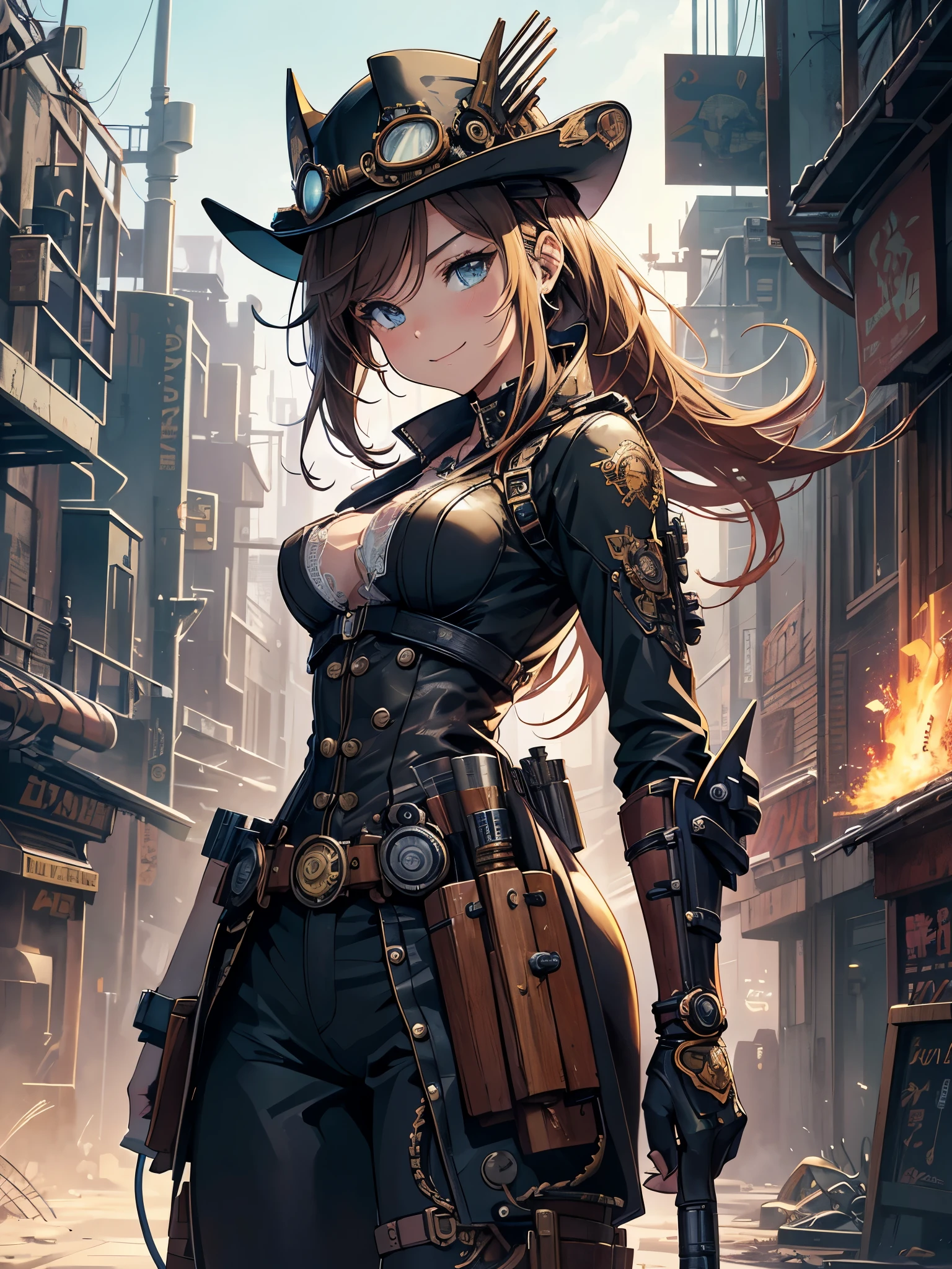 (comic book style),(line drawing_anime),(cowboy shot,Low - Angle, highest quality, ),(Laura Budd Photos:1.2),(Laura Add Details:1.0),8K, flat color:0.8,1 girl,smile,(Highly decorative and complex mechanical steampunk fashion, lace flare dolphin hat、goggles 1.5、machinery background、Gear background、Intricately mechanized steampunk cityscape 1.5),