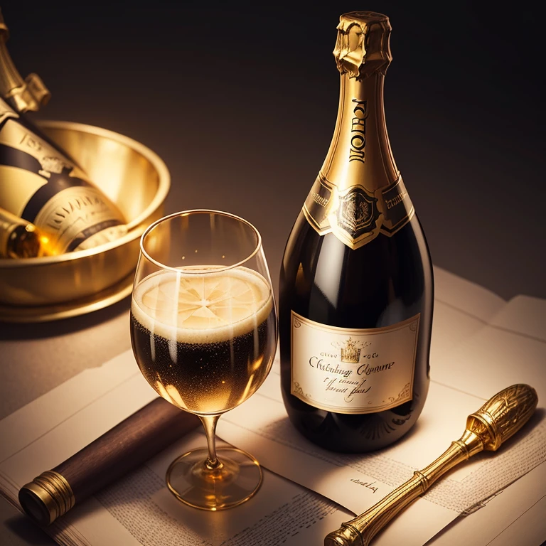 bottle and glass of champagne, dark background, gold, detailed illustration, holiday