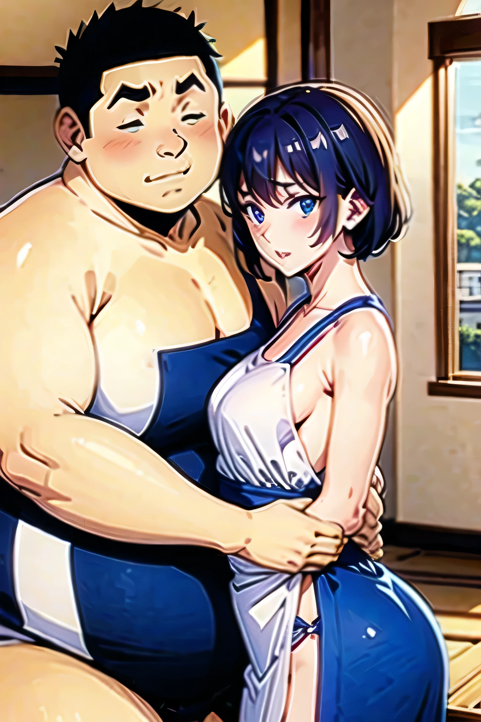 (masterpiece, highest quality:1.2),(masterpiece, highest quality:1.2), couple、men and women、A fat, ugly man with very small eyes、A beautiful woman with a boyish hairstyle and extremely small bust、hugging each other、anime、anime cel style、