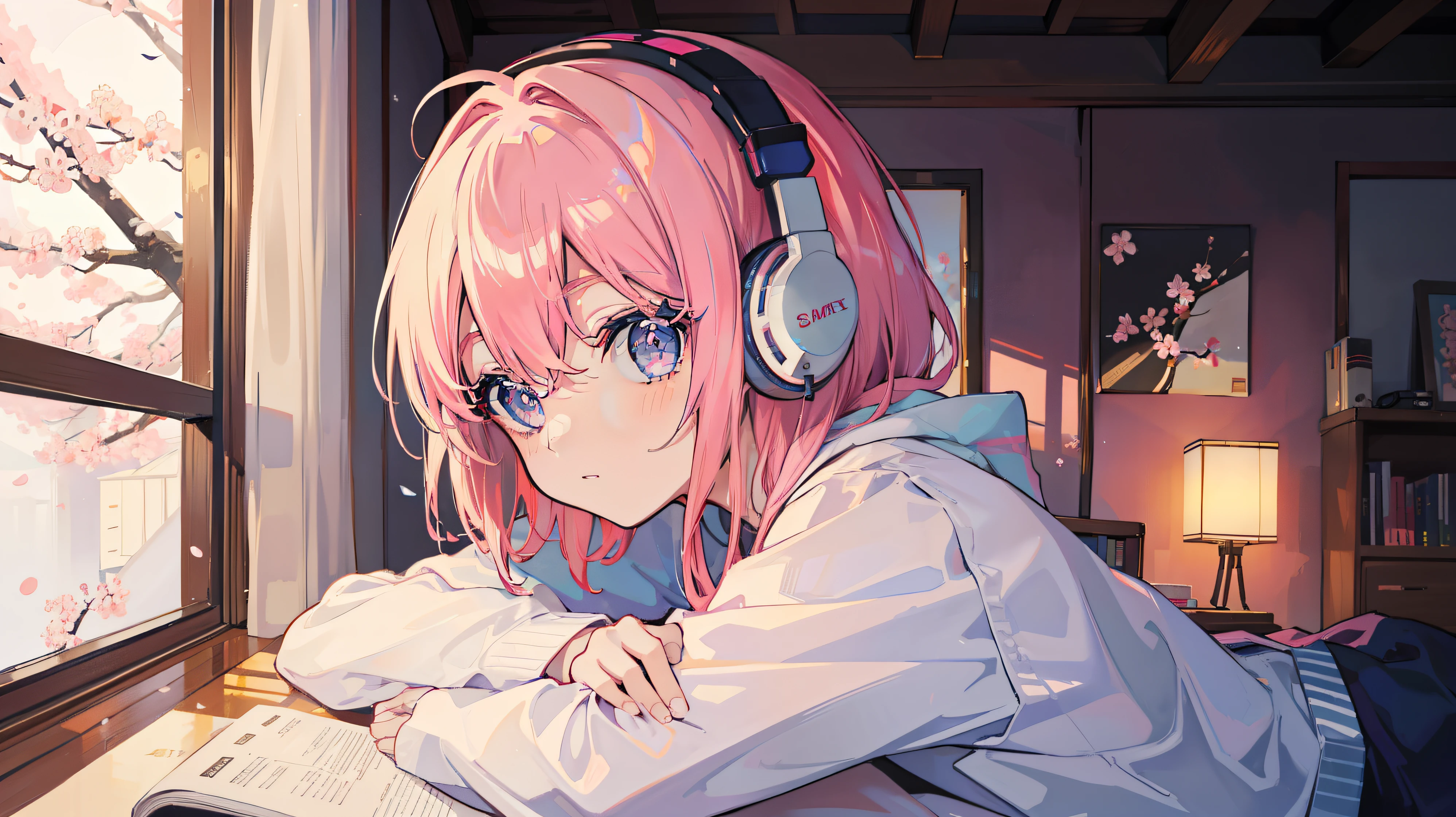 japanese anime style、Beautiful girl studying in her room while listening to headphones,warm lighting,Cherry blossoms are blooming outside the room
