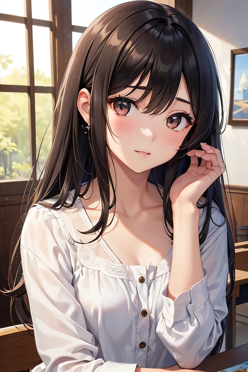 ((highest quality)),(超High resolution),(Super detailed),(detailed description),((The best CG)),(best work of art),super precision art,Amazing drawing art,(Art with precise details:1.5), portrait:1.6,bust shot:1.4,(1 female:1.5),Beautiful and well-shaped face:1.5、 Japanese、girl,thin、small face、brown eyes、expensive、 High resolution,black hair、long hair、classroom、(white blouse:1.2)、17 years old、Are standing、mature