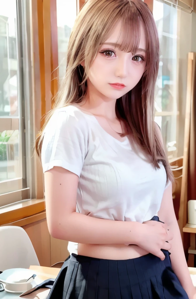 ((table top, highest quality, High resolution, nffsw, perfect pixel, 4k, nffsw, nffsw))), 1 girl, single, alone, Beautiful woman、((I could see the whole body:1.3))、 ((middle wave hair, bangs, brown hair)), ((brown eyes, beautiful eyelashes, realistic eyes)), ((detailed face, blush:1.2)), ((smooth texture:0.75, realistic texture:0.65, realistic:1.1, Anime CG style)), perfect body, (( white shirt)), ((black skirt:1.3)), 1 girl,(highest quality,4k,8K,High resolution,masterpiece:1.2),1 Beautiful woman,18-year-old,35mm lens,f/1,considerable breasts,soft sunlight,bright colors,playful expression