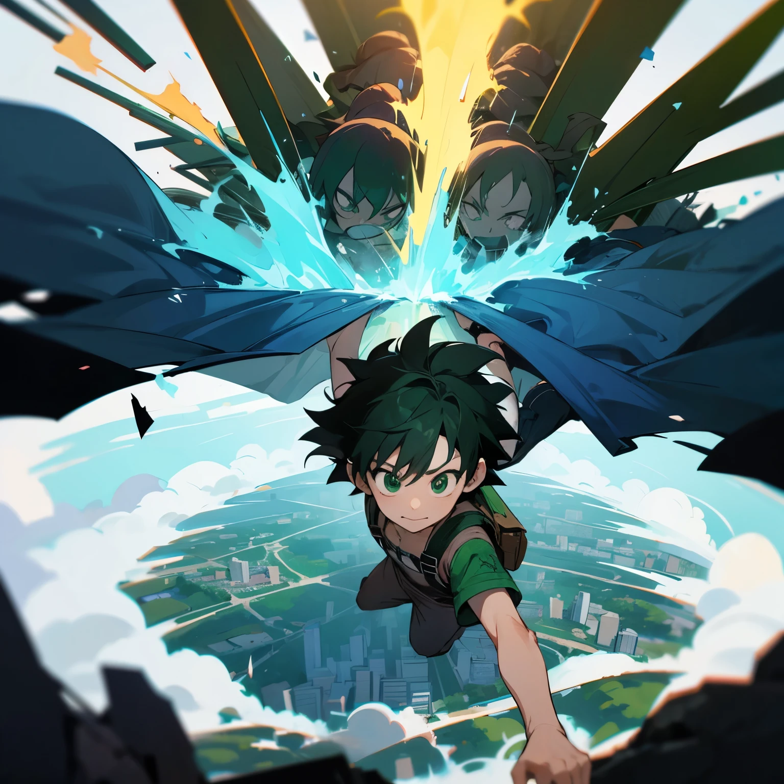 Quero o deku todo machucado depois de uma batalha de cima de um morro olhando para cidade toda destruida depois da batalha